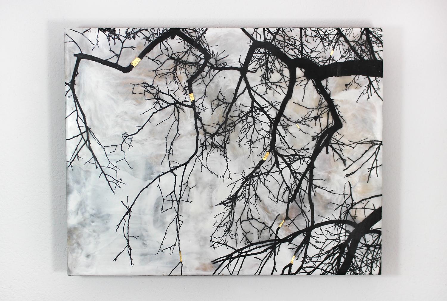<p>Artist Comments<br />This mixed media encaustic painting with a detailed image transfer of a persimmon tree branch. The painting includes 23K gold leaf.  The background of the piece is made up of a variety of vintage ephemeral materials including