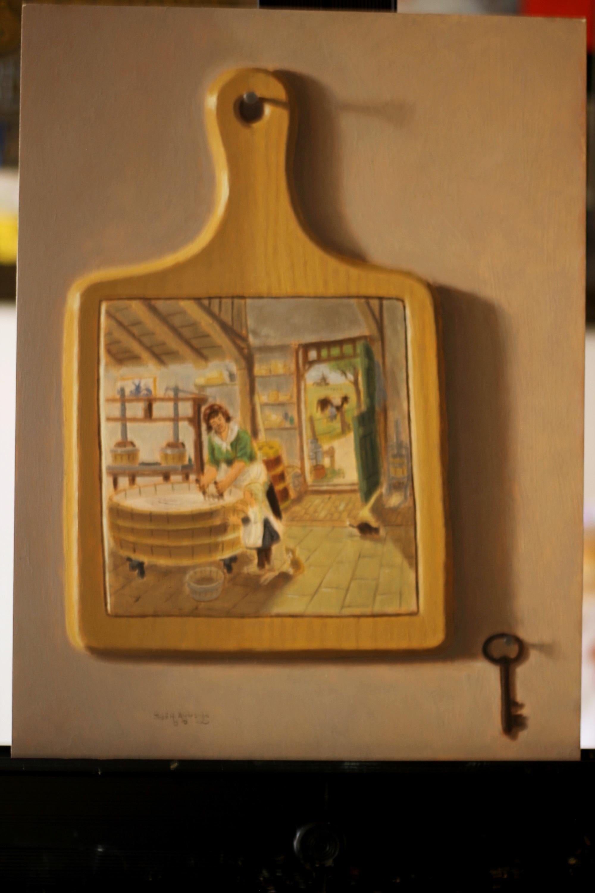 <p>Artist Comments<br />I enjoy painting pictures within pictures--it feels as if I'm painting two paintings at once.  I wanted to capture the effect of light and shadows on the cutting board and the antique key. This piece is on masonite board and