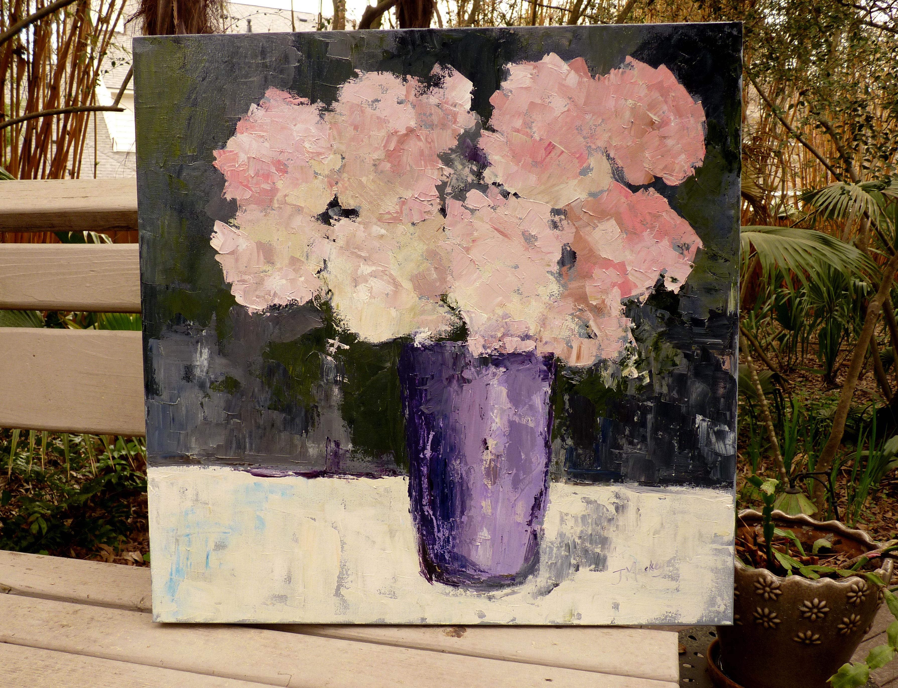 <p>Commenti dell'artista<br />Una composizione floreale in un vaso viola dipinta con la spatola.  Il dipinto presenta molte texture e, sebbene sia un impressionismo, lascia all'osservatore la possibilità di completare la storia, per cui si avvicina