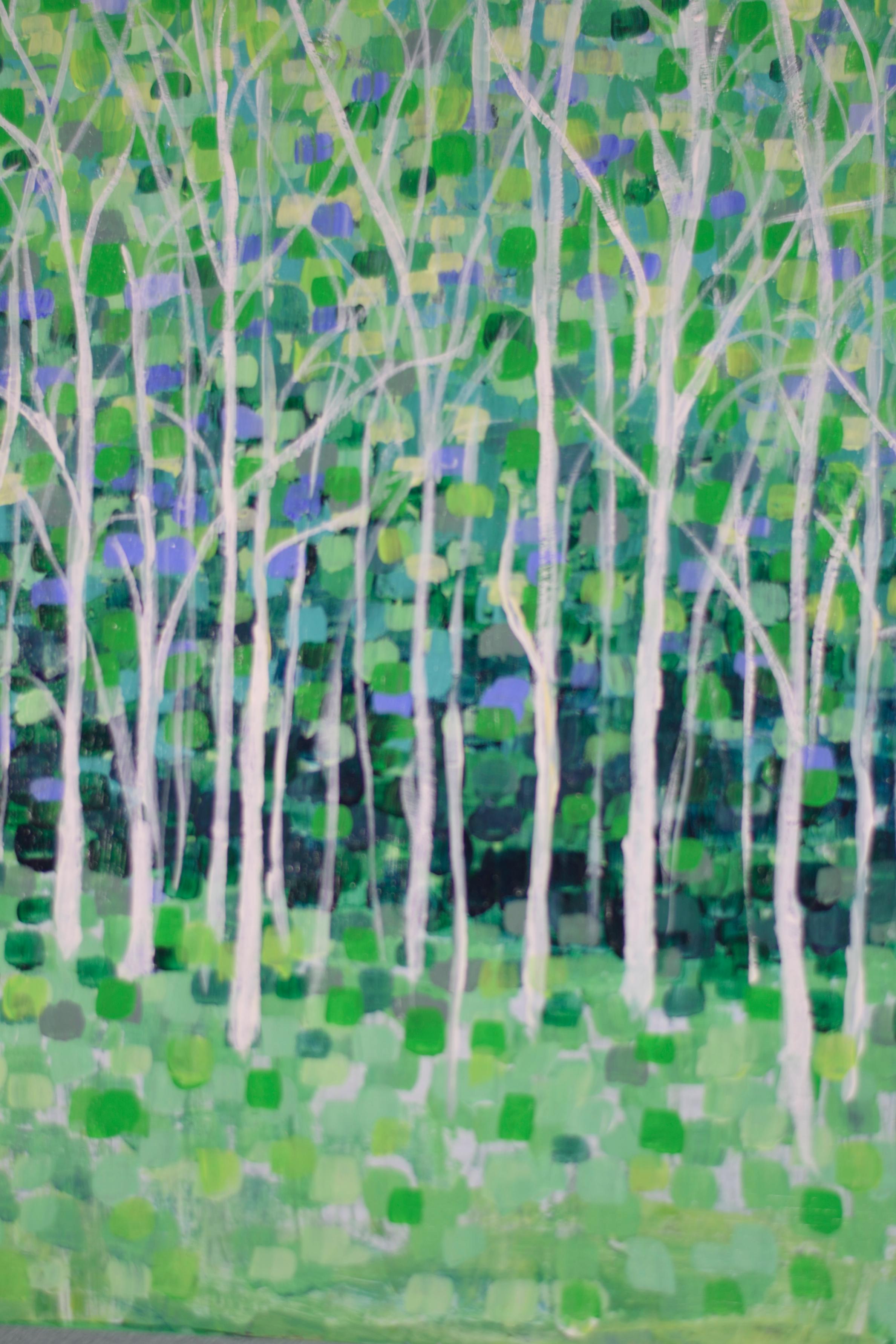 <p>Artist Comments<br />This painting uses impressionistic pointillism, playing color against color. The scene is a bright spring day in the forest, with the white trees as the main focal point.  This painting is on a cradled wood panel with