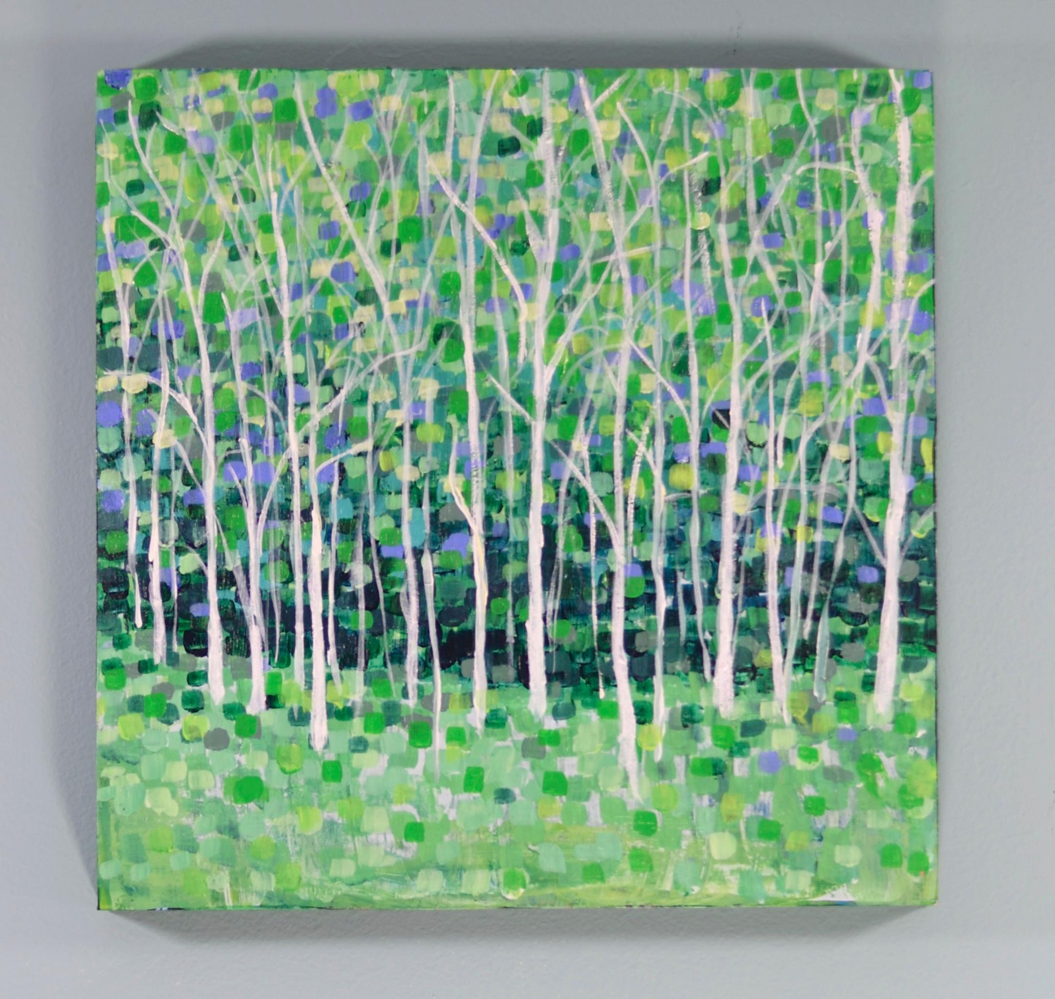 <p>Artist Comments<br />This painting uses impressionistic pointillism, playing color against color. The scene is a bright spring day in the forest, with the white trees as the main focal point.  This painting is on a cradled wood panel with