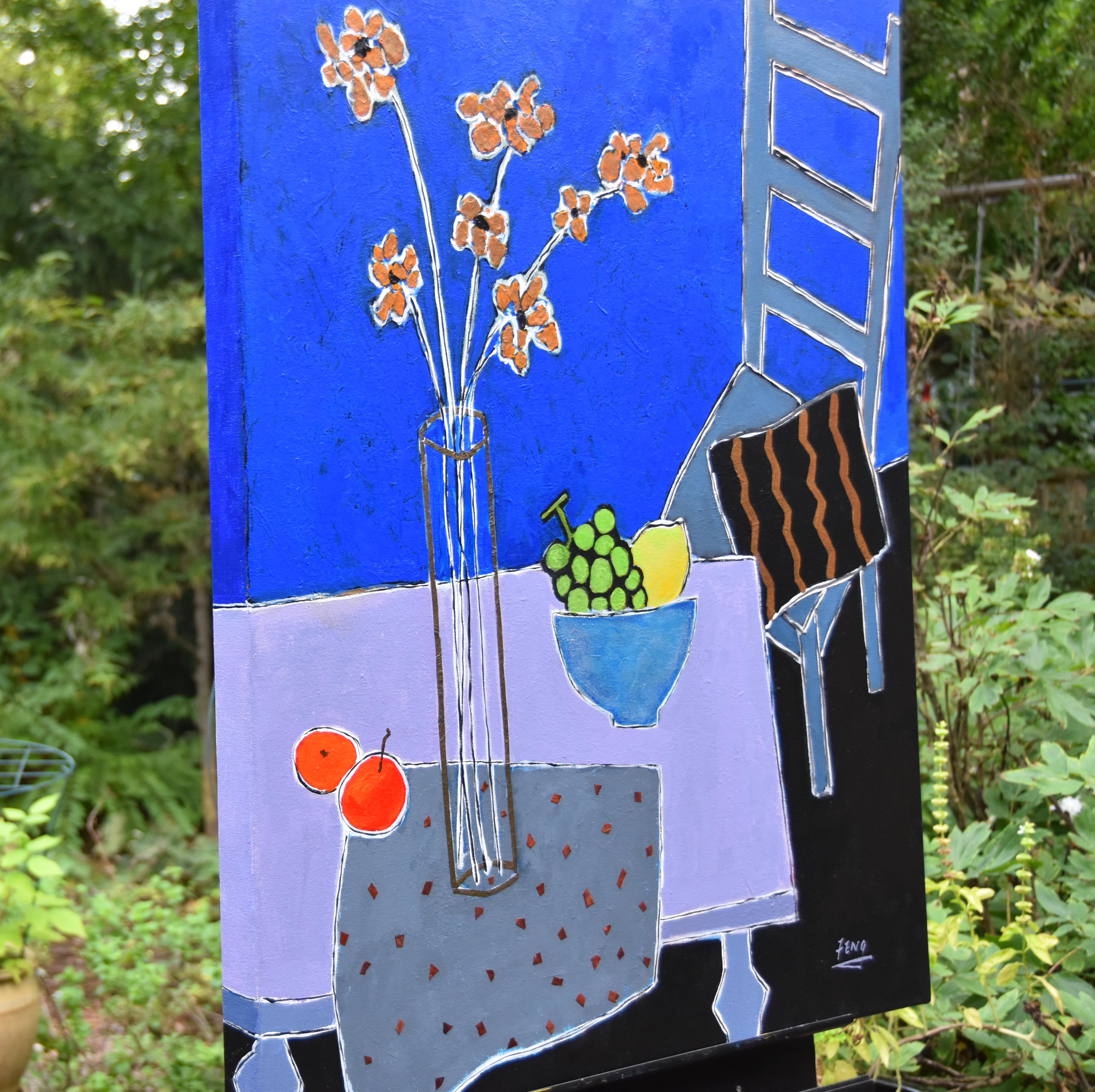 Still Life in Blue Room - Contemporary Mixed Media Art by Feng Biddle