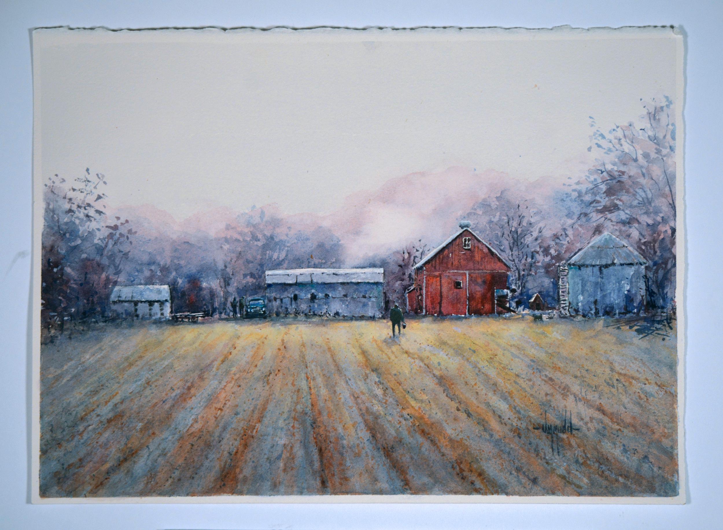 <p>Artist Comments<br />This painting depicting an early morning farm scene has muted colors throughout. Back-lighting accents the buildings and figure walking in the foreground. This painting is produced with the finest professional watercolor