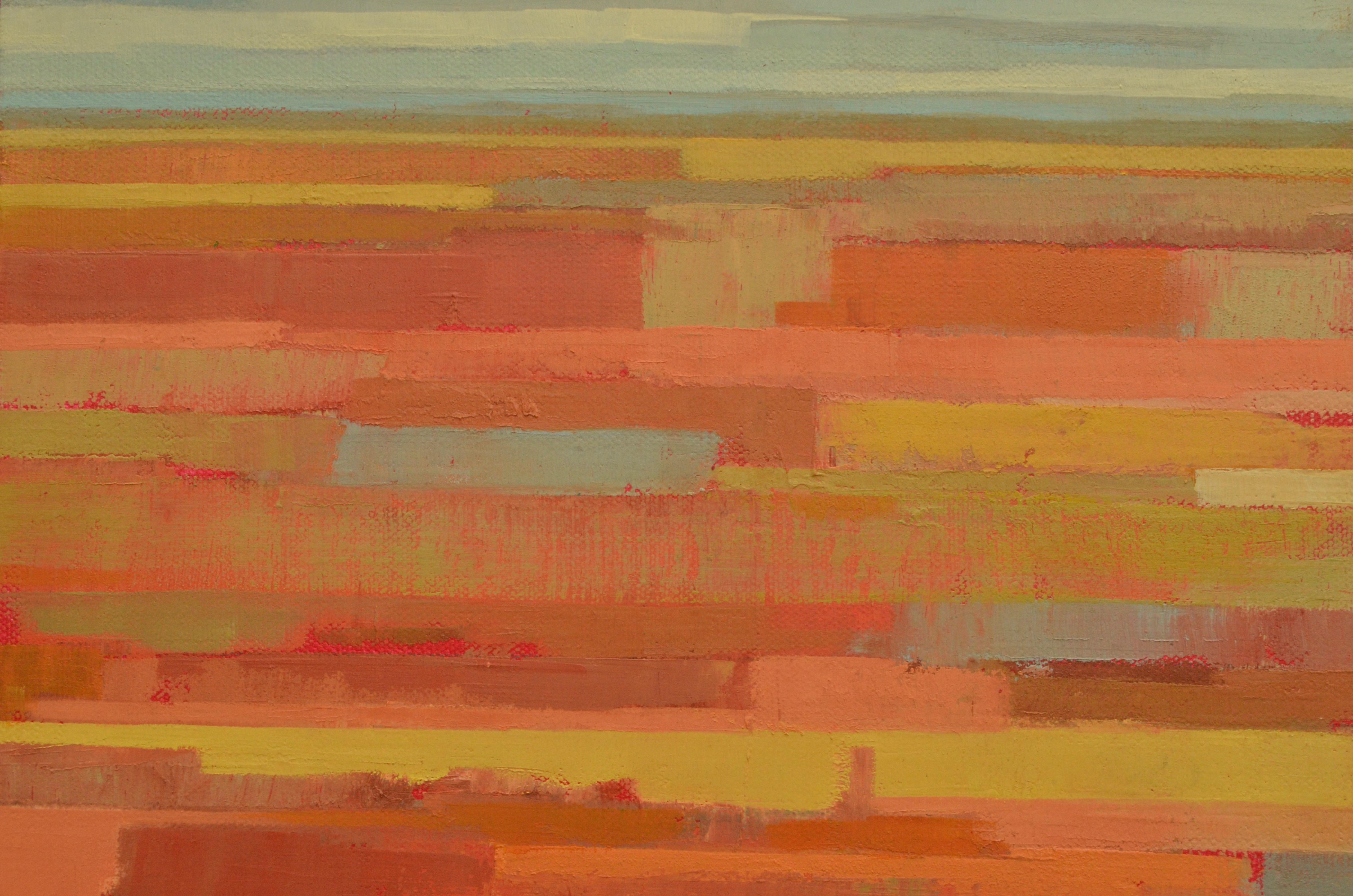 <p>Artist Comments<br /> This landscape was inspired by vast fields and horizons that end in skies. From a distance these fields form horizontal stripes of colors blending, often interrupted with other landscape forms.  This piece is on a gallery
