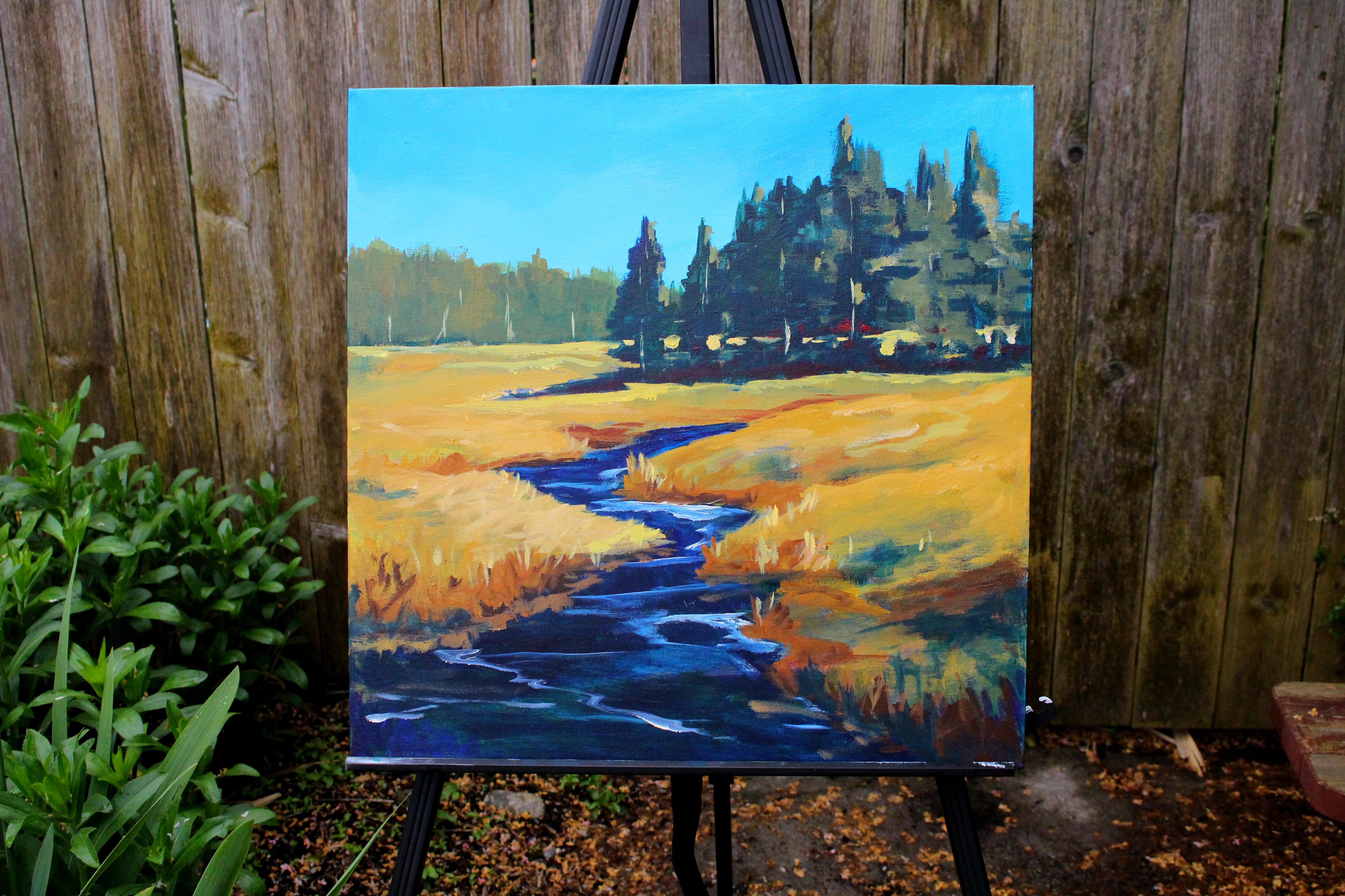 <p>Artist Comments<br /> A rural meadow and the river that runs through it are the focus of this western landscape painting. Surrounded by evergreen trees, it is a bright spot of nature that invites an artistic rendering.   This piece is on a