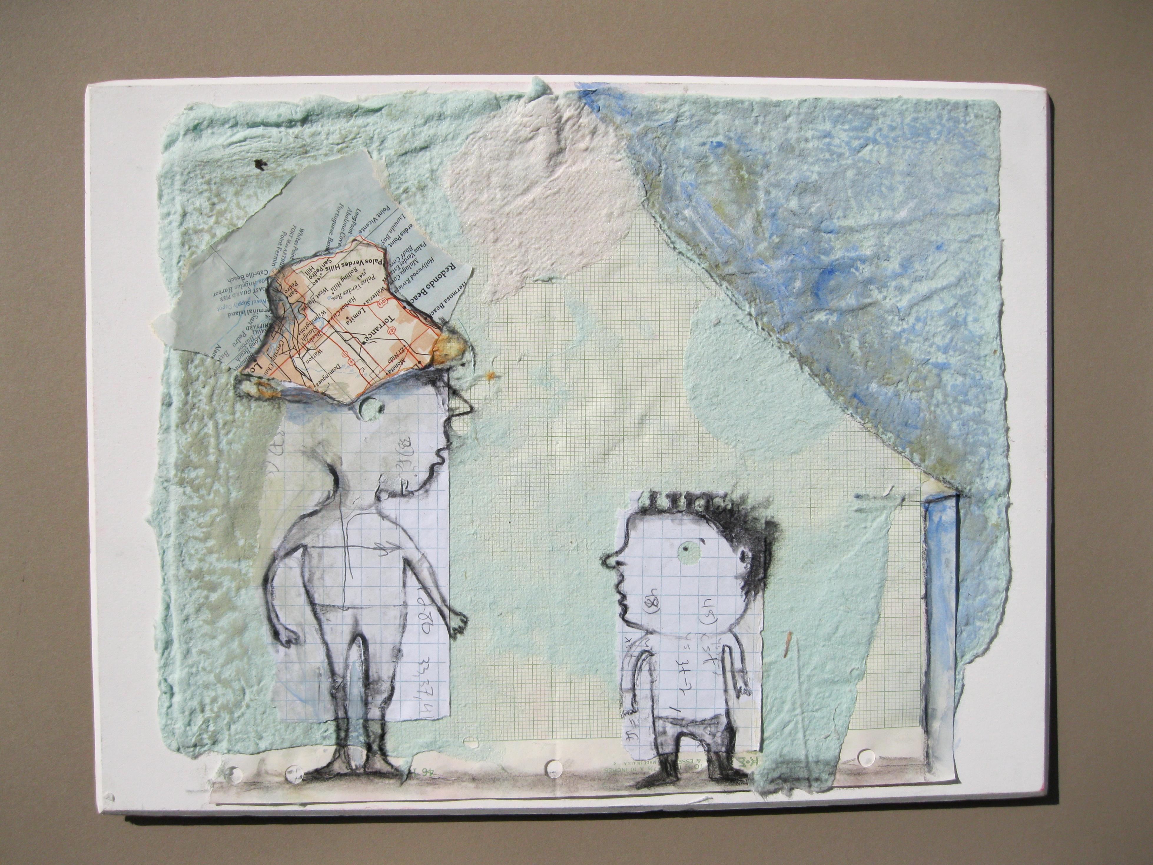 <p>Artist Comments<br /> ;Camping Trip; is a mixed media work on paper composed with pencil, charcoal, acrylic paint, graph paper, maps, and math homework on handmade paper. I incorporated graph paper into the handmade paper to create the tent
