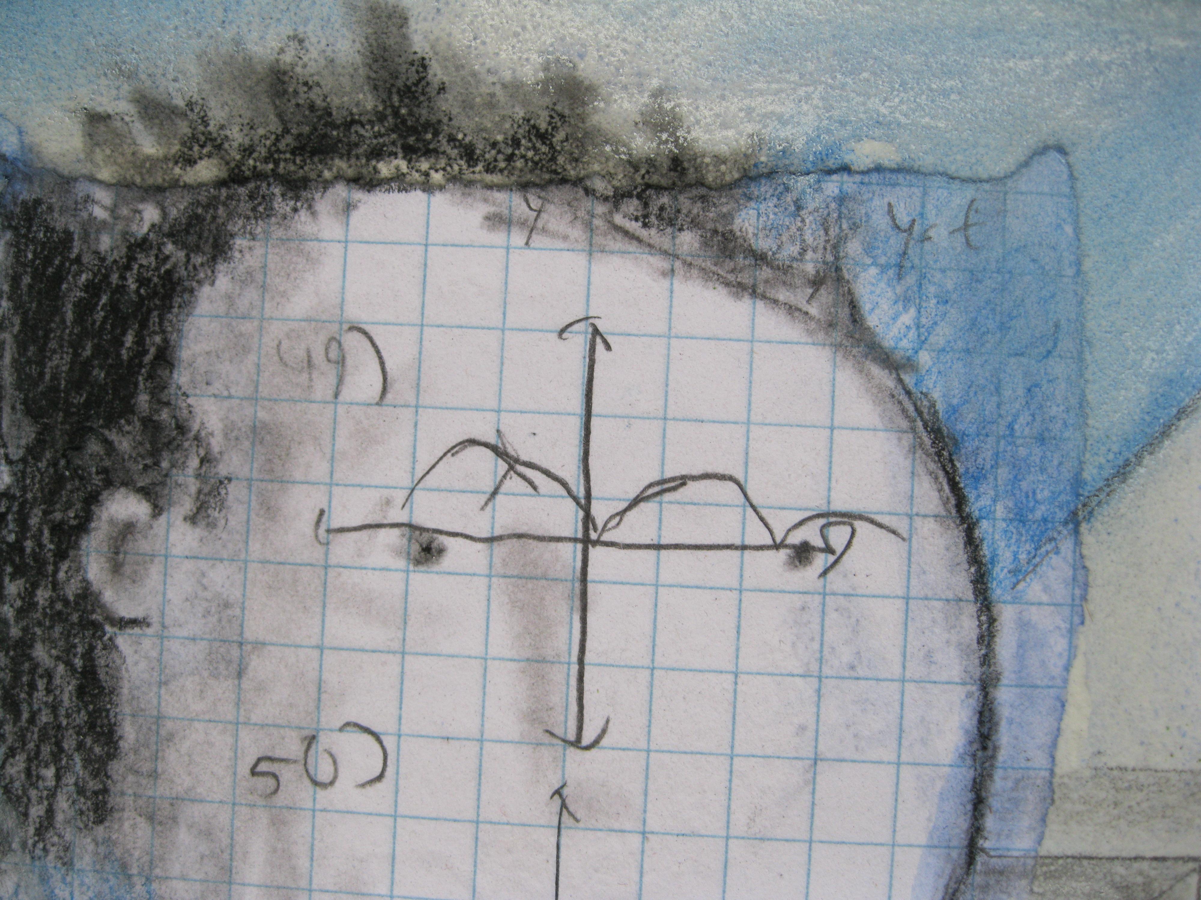 <p>Artist Comments<br /> ;Walking the Inch; is a mixed media piece composed of charcoal, pencil, pastel, homework, and map fragments. I began with this figure from algebra homework then created his ;pet.; This is my take on the strange world of