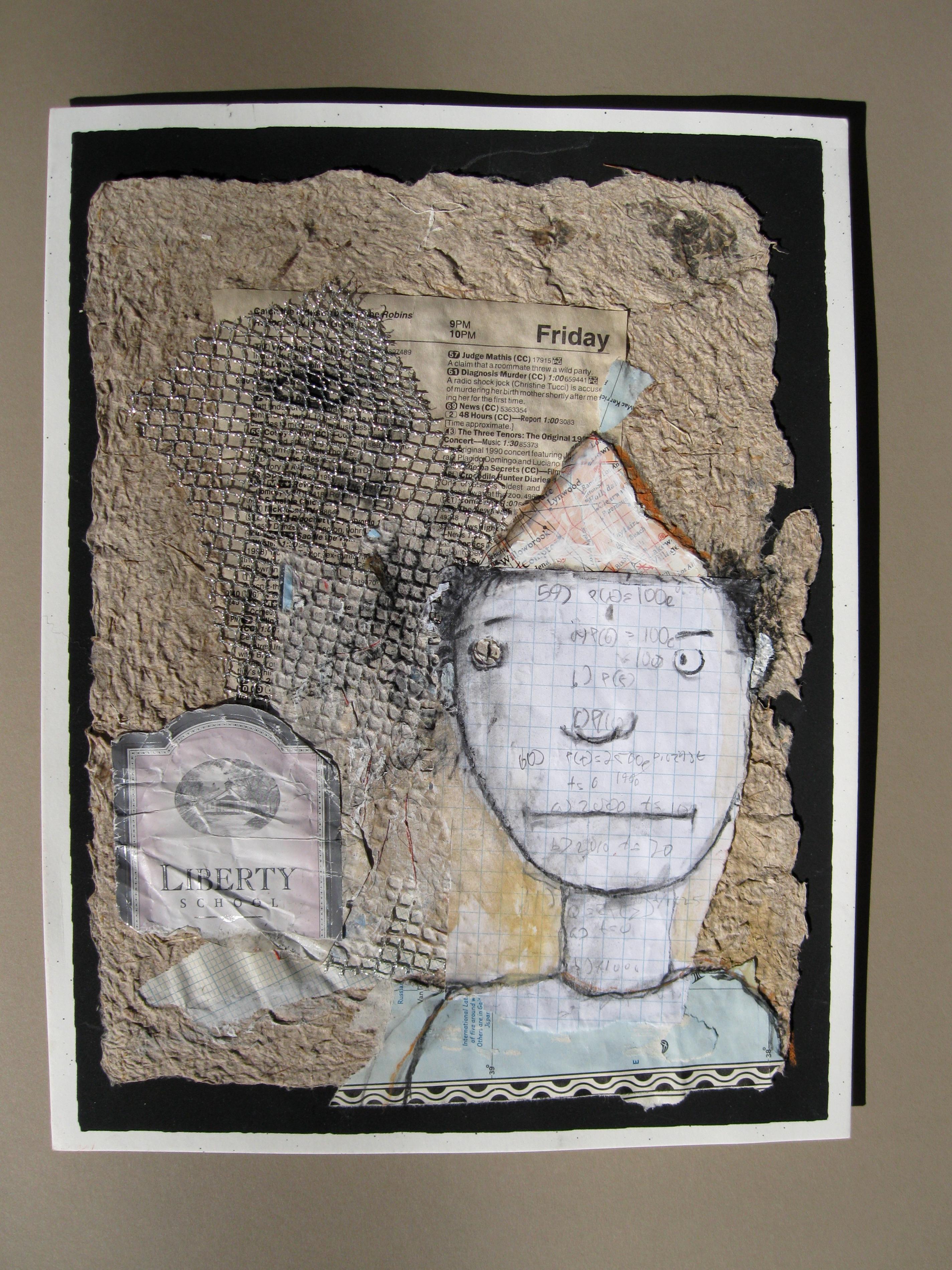 <p>Artist Comments<br /> ;Friday Night; is a mixed media work composed of charcoal, maps, homework, wine labels, fabric, and a t.v. guide on handmade paper. I assembled this piece with the theme of a student on a friday night in mind. The end of the