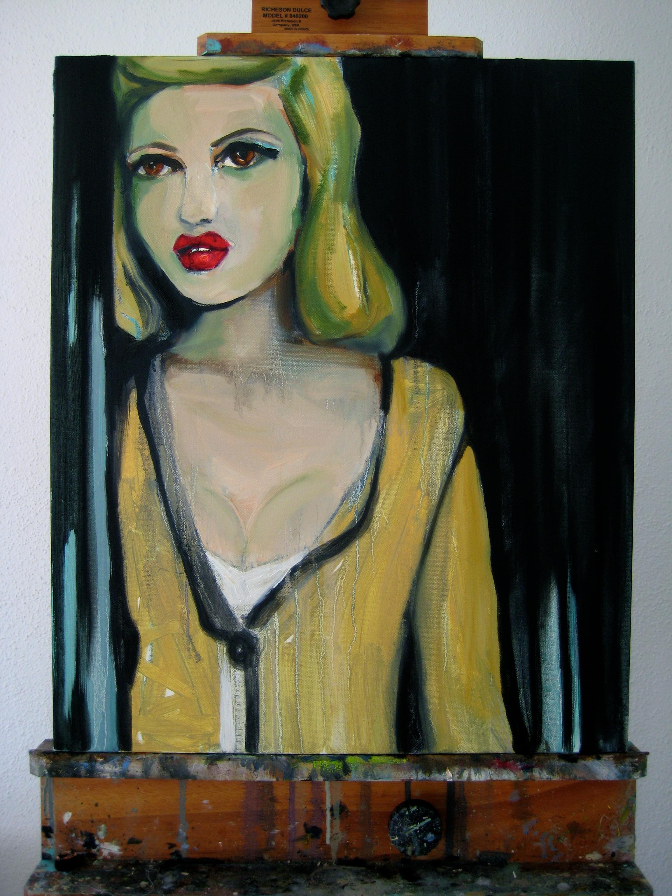 <p>Artist Comments<br> This painting features a really vibrant palette with bold, gestural brushwork. I feel the work conveys a similarly clear narrative with a beautiful, blonde model poised against a pillar and dark curtain backdrop. This piece