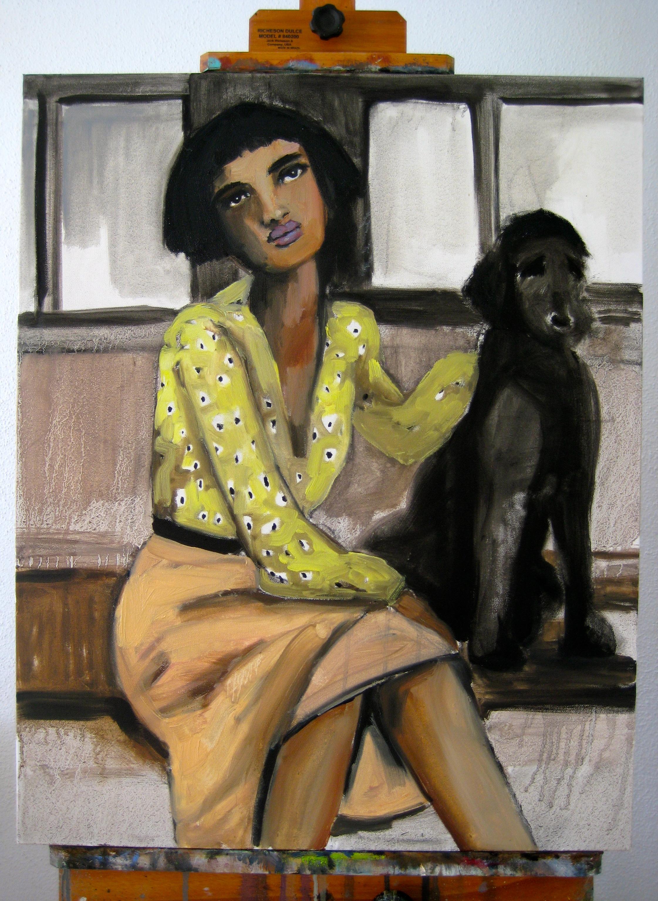 Girl and Dog on the L Train - Abstract Expressionist Painting by Malia Pettit