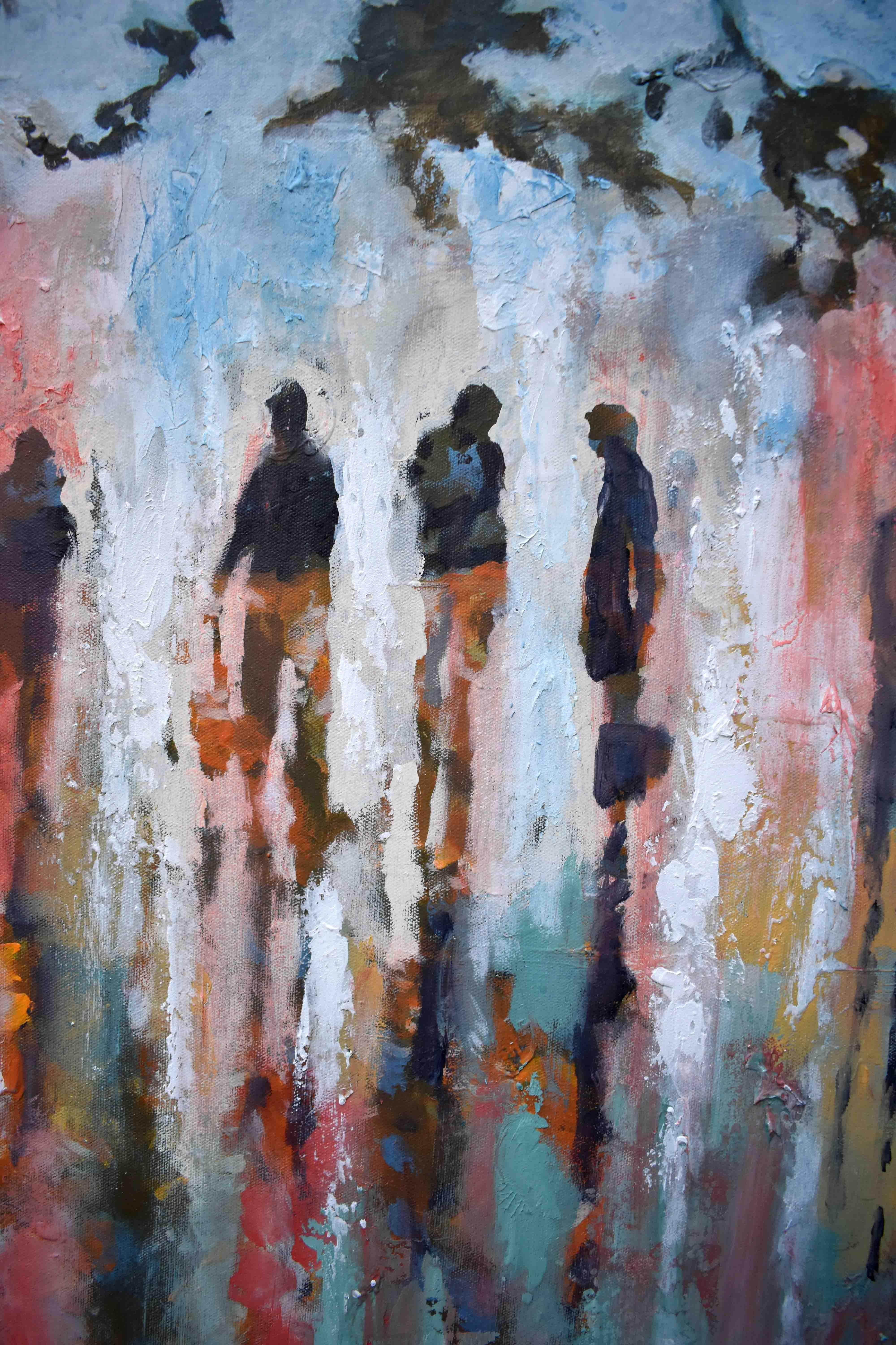 Meeting Is Over - Gray Figurative Painting by Kip Decker