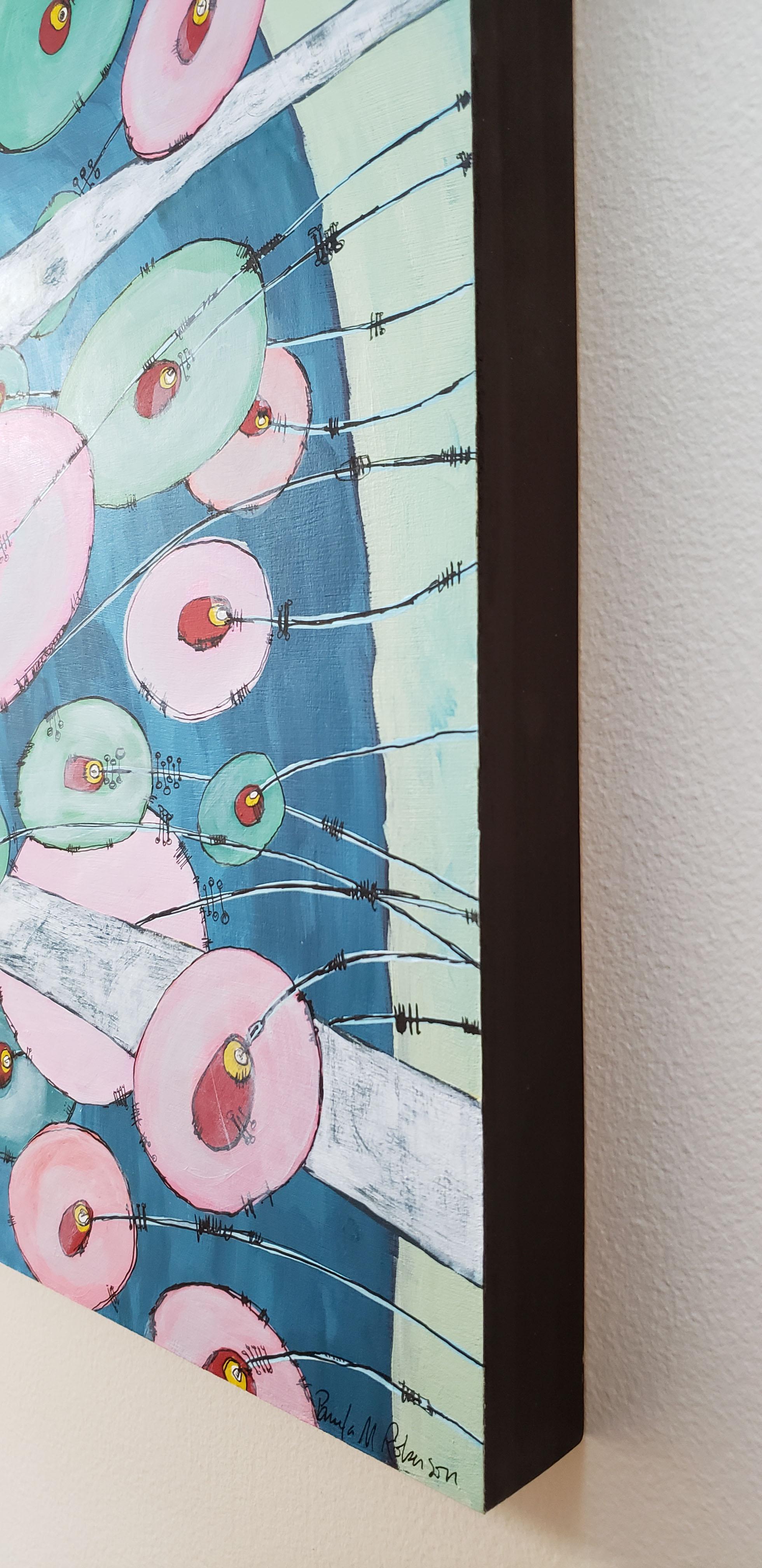 <p>Artist Comments<br>I see Blossom as a deconstructed whimsical landscape. Flowers bending in over a hill, or perhaps it's a pond under a clear sky. A path turns in and out again. Delicate ink lines add detail and interest to this pleasant and calm