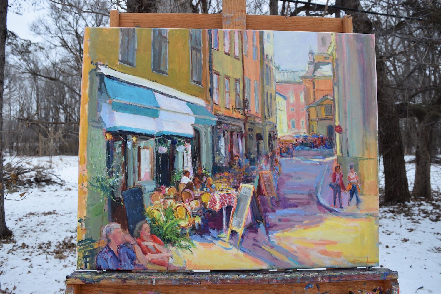 <p>Artist Comments<br />I have always enjoyed people watching and window shopping. I liked this scene in the old part of Stockholm because the people are busily eating, strolling, shopping, and watching. It also has lovely warm-hued historic