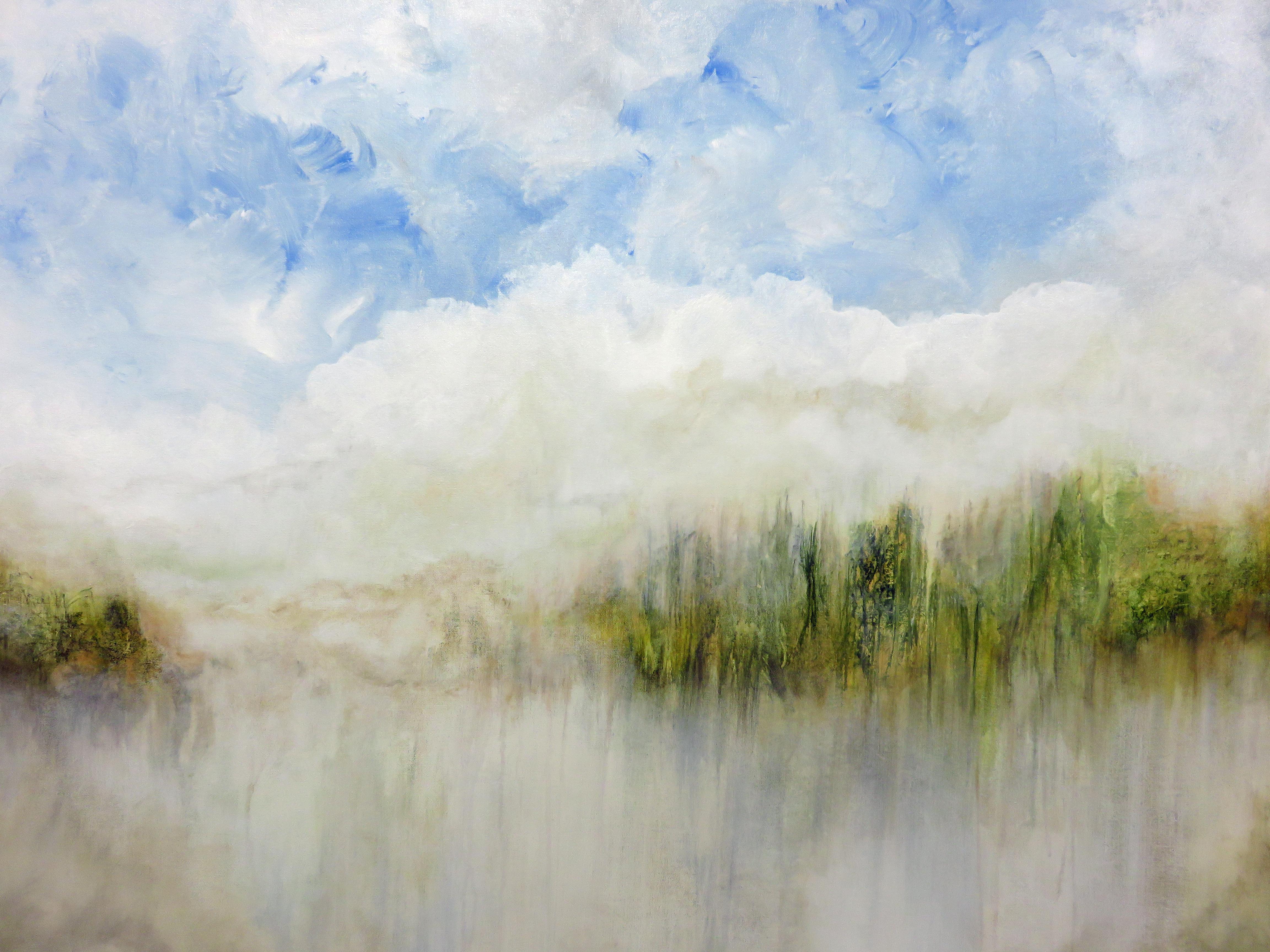 <p>Artist Comments<br /> I could gaze at this painting all day! It has an uplifting and calming presence, and because of its size, you feel like you are being wrapped in a luxurious blanket;that is how I feel with it hanging in the room.  The clouds