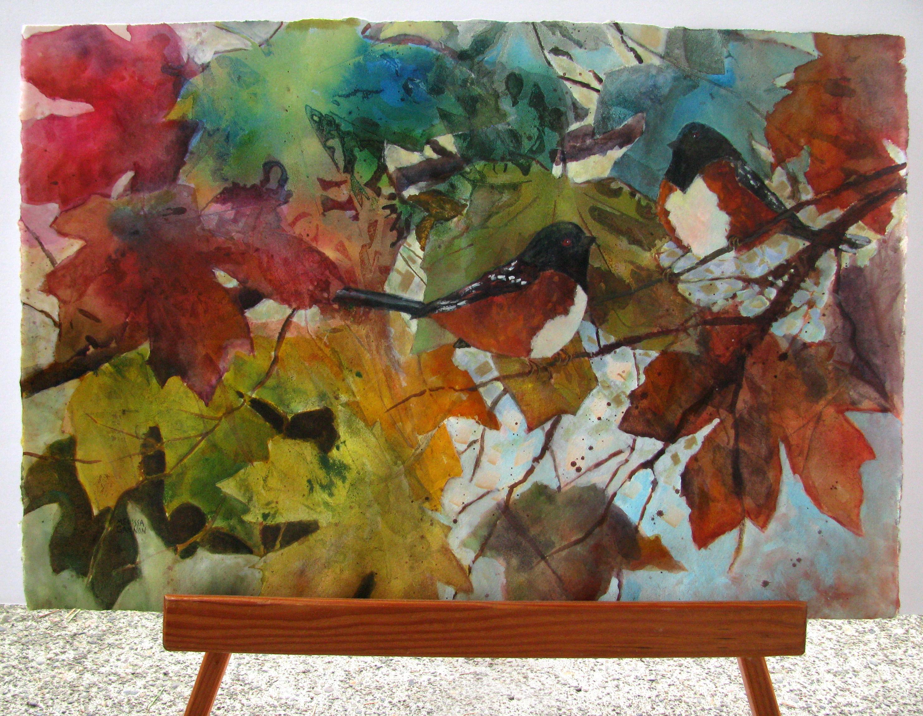 Leaves & Towhees - Contemporary Mixed Media Art by Melissa Gannon