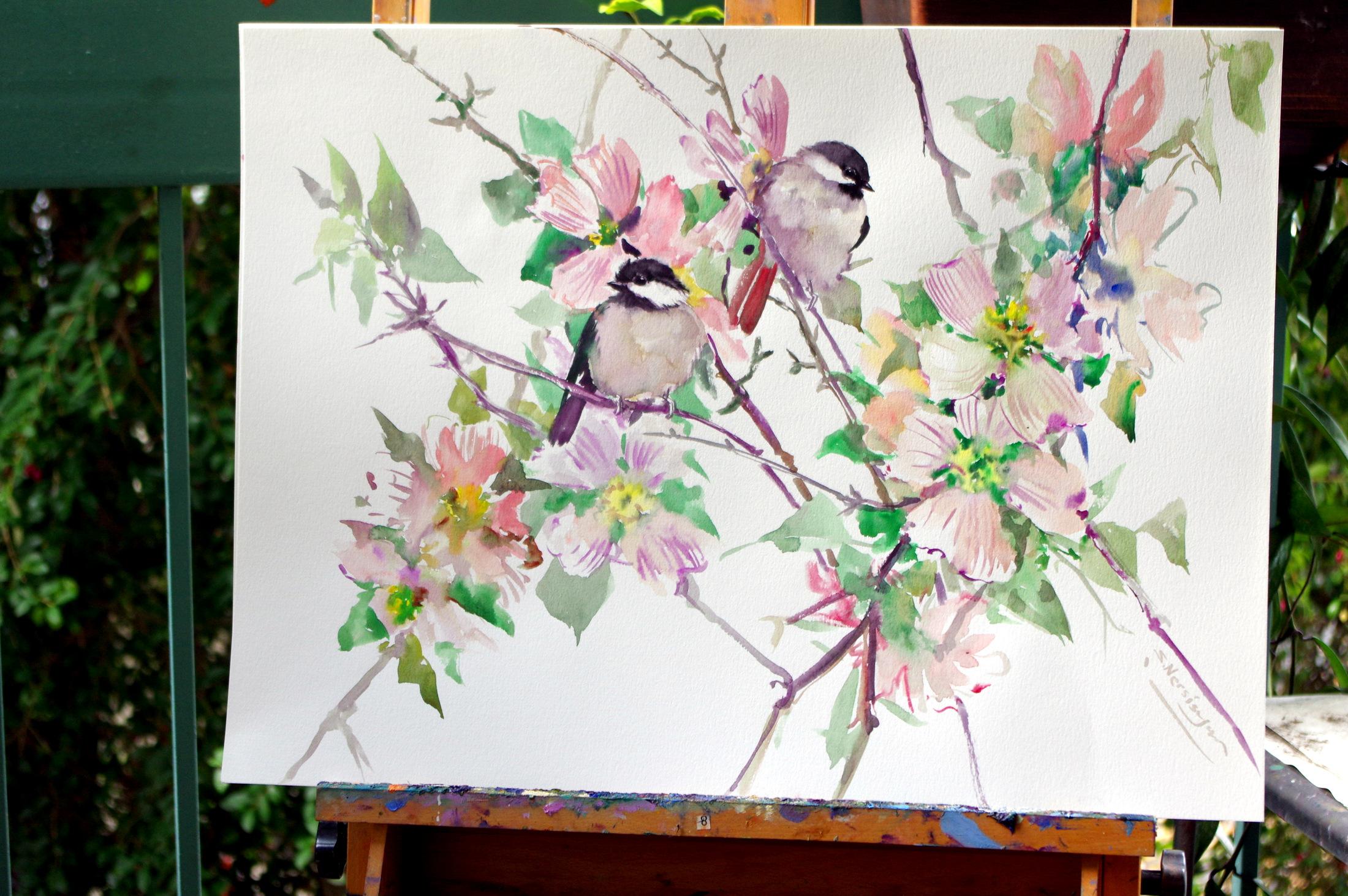 Dogwood Flowers and Chickadees - Art by Suren Nersisyan