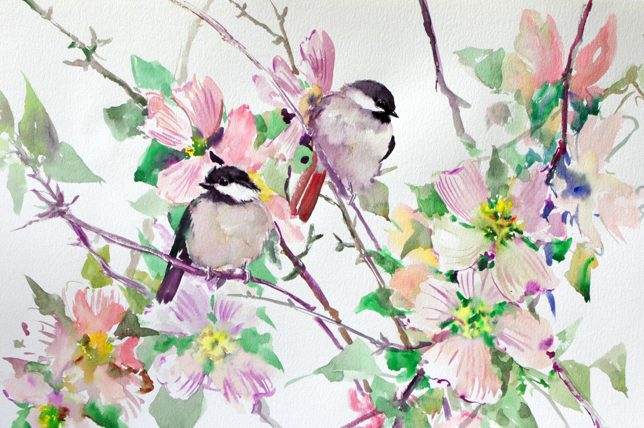 Dogwood Flowers and Chickadees - American Realist Art by Suren Nersisyan