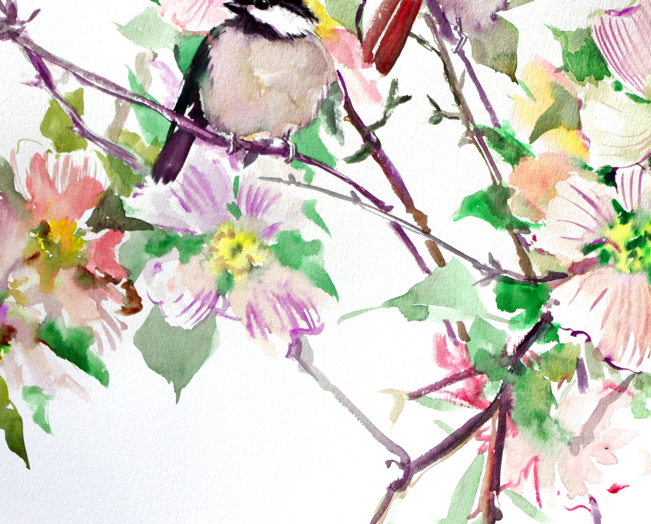 Dogwood Flowers and Chickadees - Beige Abstract Drawing by Suren Nersisyan