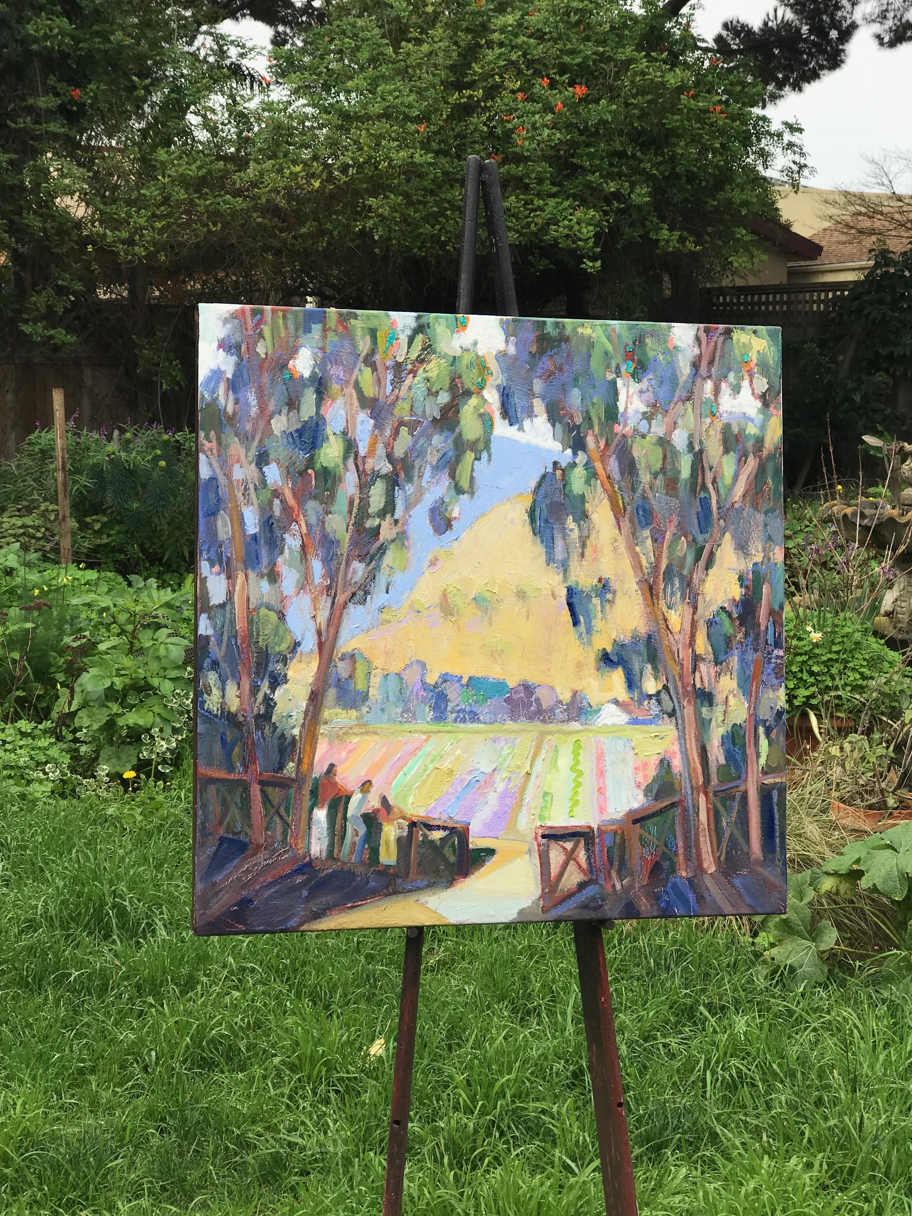 <p>Artist Comments<br>This is a painting of a favorite spot done from memory. I am using my colors to represent the glowing sunlight on the flower fields. As a viewer, I want you to feel like you are joining the group relaxing by the