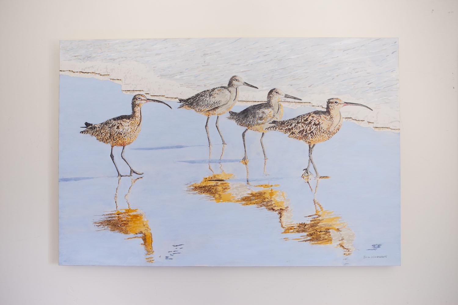 <p>Artist Comments<br />Two whimbrels and two willets hanging out together on a Santa Barbara beach on a warm winter afternoon. To me, this painting is the beach as it should be; inviting for bare feet in the gentle surf, and far from worldly cares.