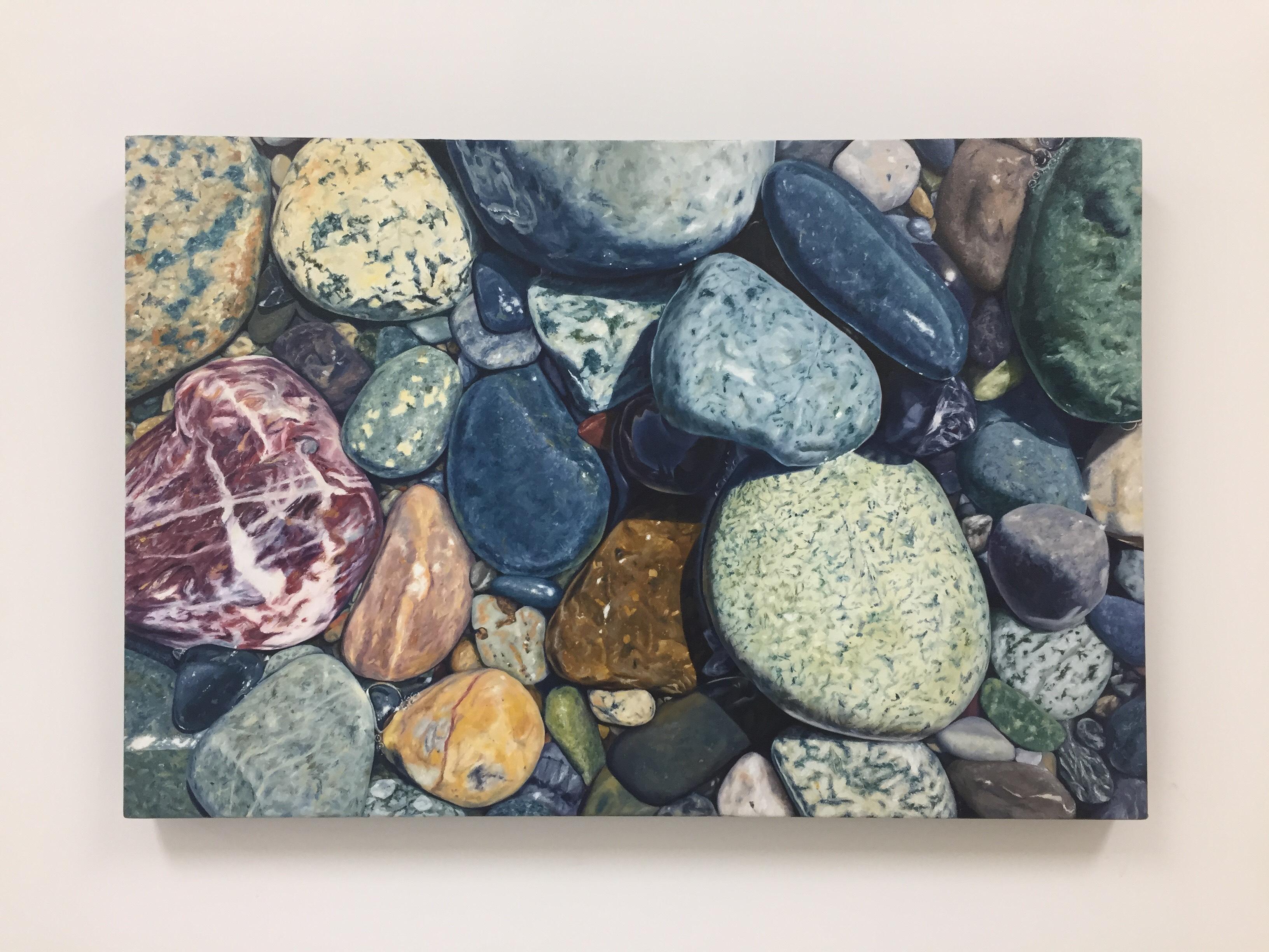 <p>Artist Comments<br />As I look at the rocks through the thinnest layer of water, the clarity of their colors shines through and is magnified. When the tide goes out, the rocks dry, lose their shine and become various shades of gray. I suppose