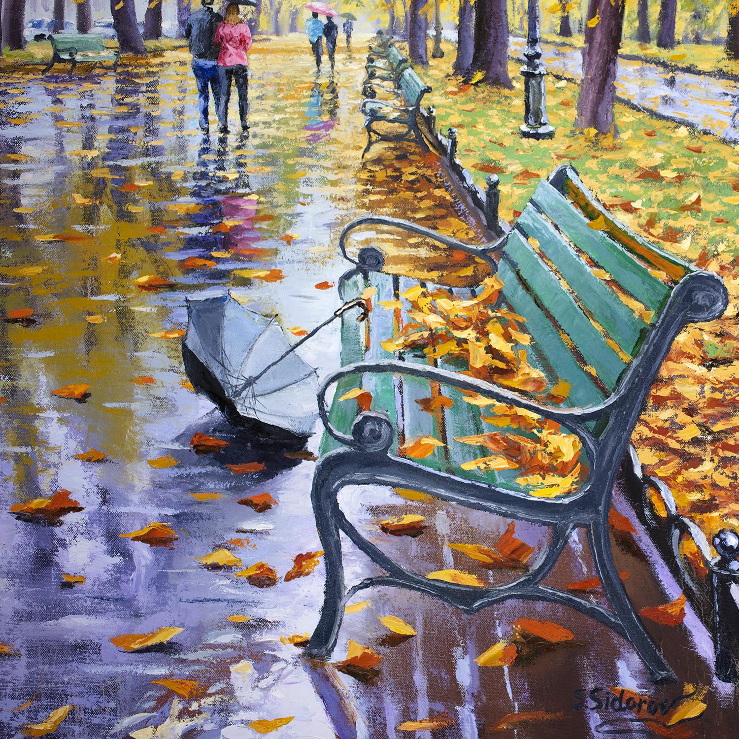 Missing Umbrella - Brown Landscape Painting by Stanislav Sidorov