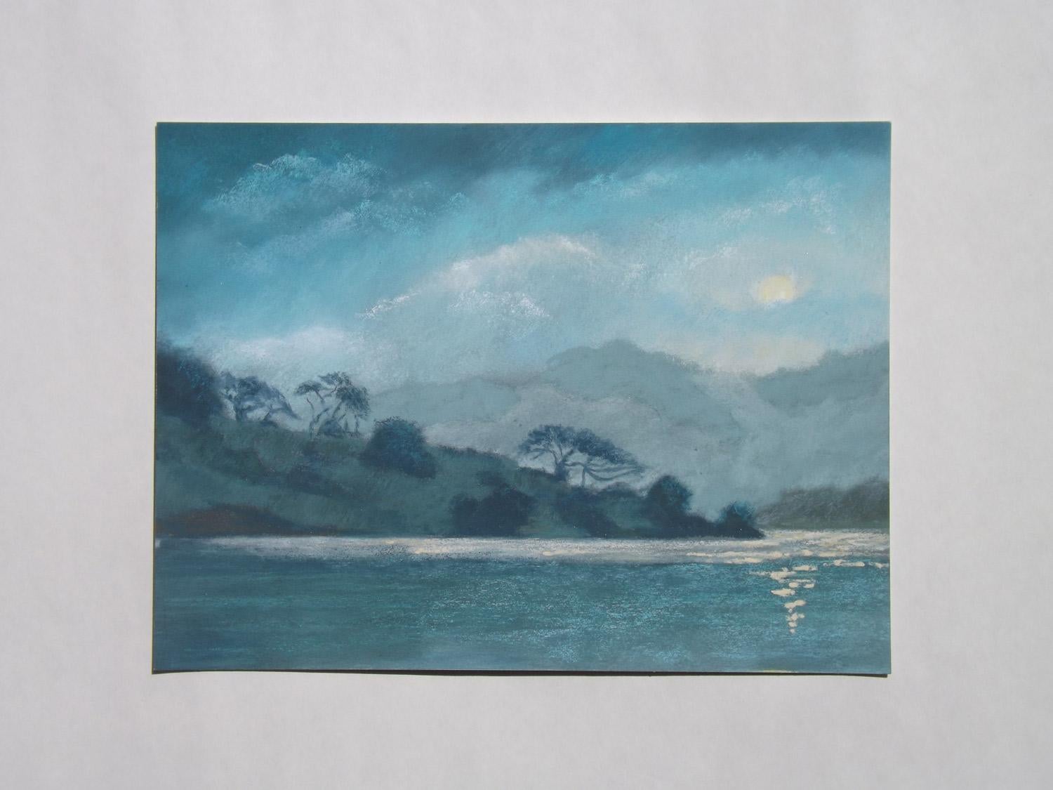 moon over lake painting