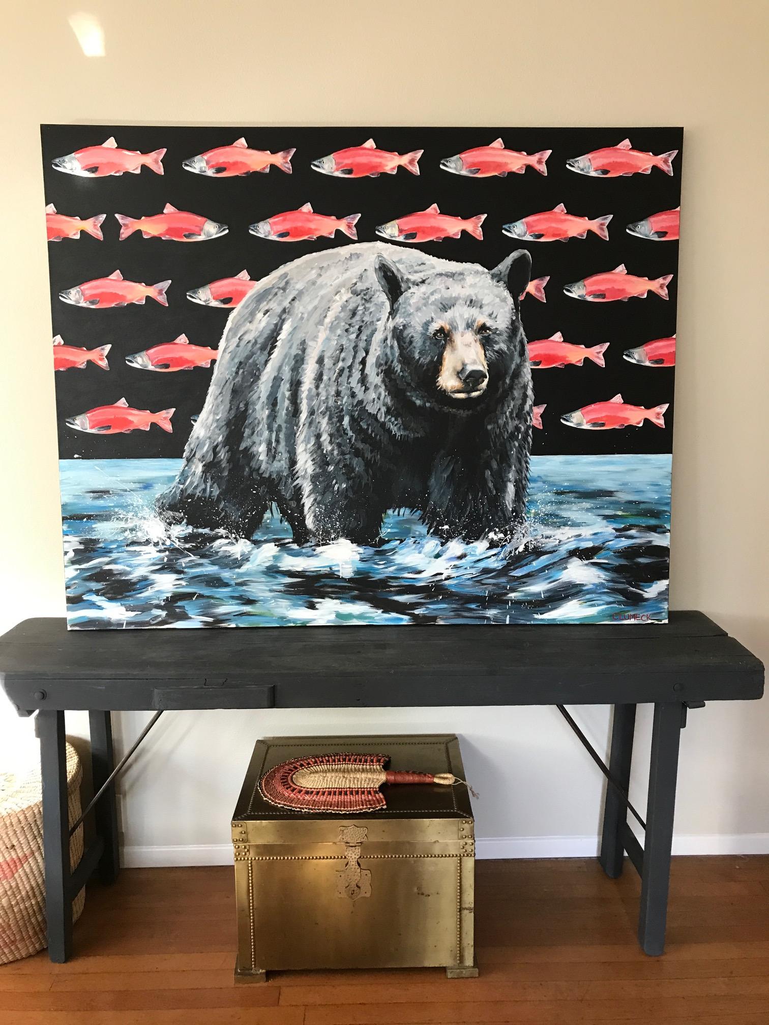 <p>Artist Comments<br /> Since trout and salmon are a main food source for Bears, I thought this would be an excellent choice for the backdrop of the painting. If you look closely you will notice that one of the Sockeye Salmon is facing the opposite