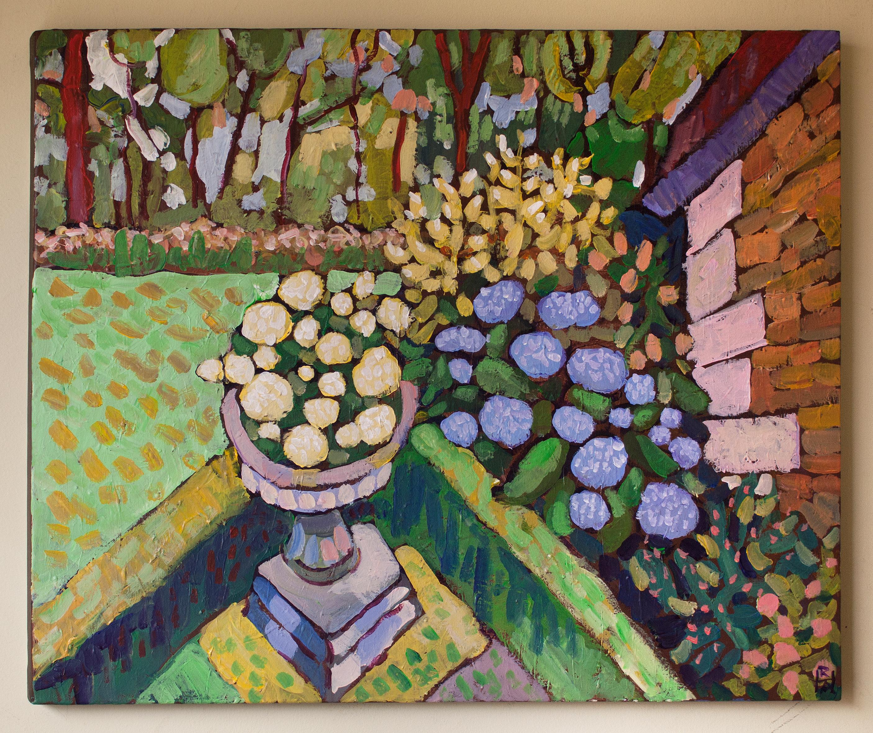 <p>Artist Comments<br>Think of this piece as a Fauvist update of a formal garden scene. The perspective has been altered radically by flattening the picture plane in order to focus attention on the flowers in the center. The angle of the roof