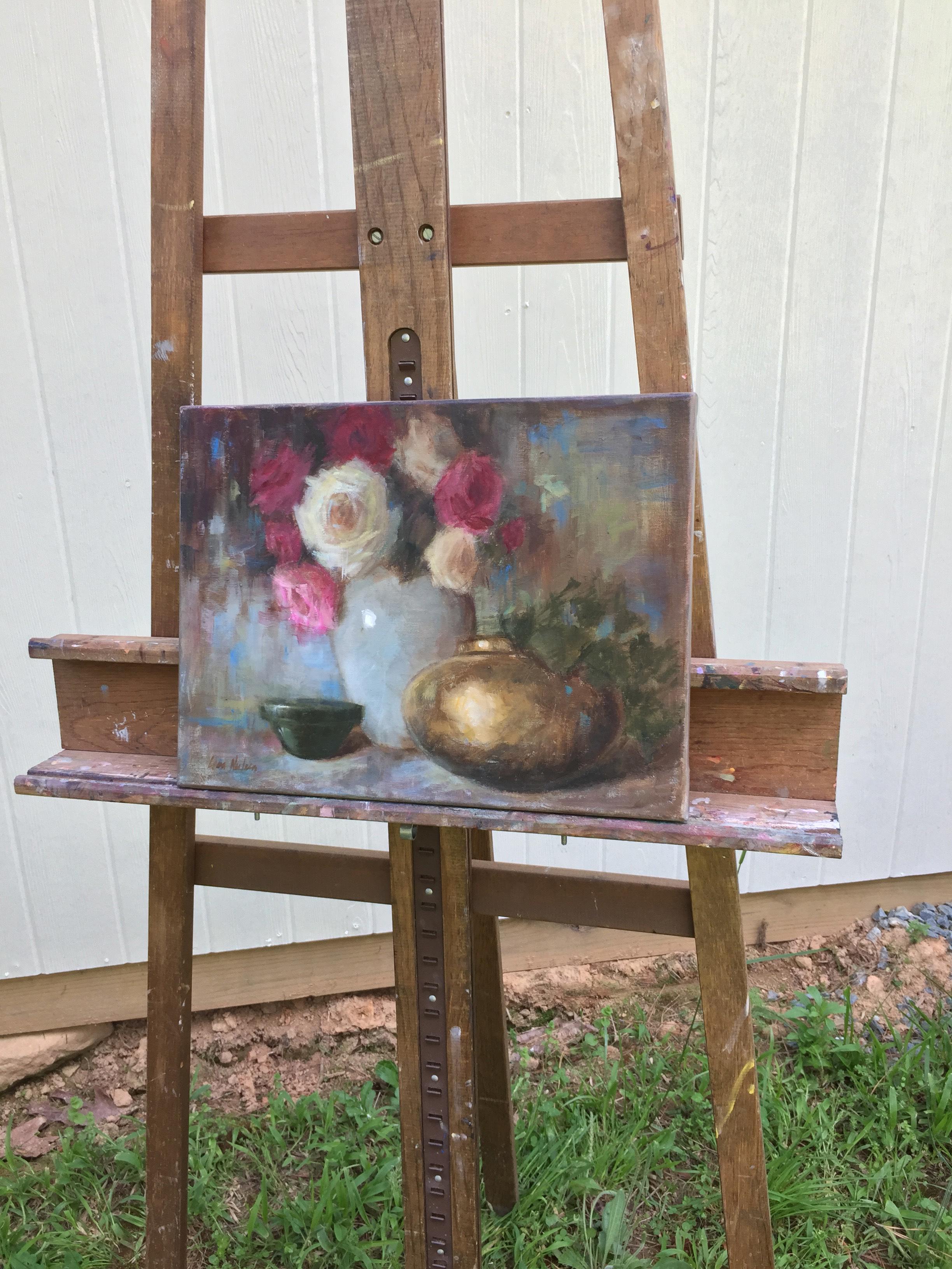 Brass Pot and Roses - Abstract Impressionist Painting by Lisa Nielsen