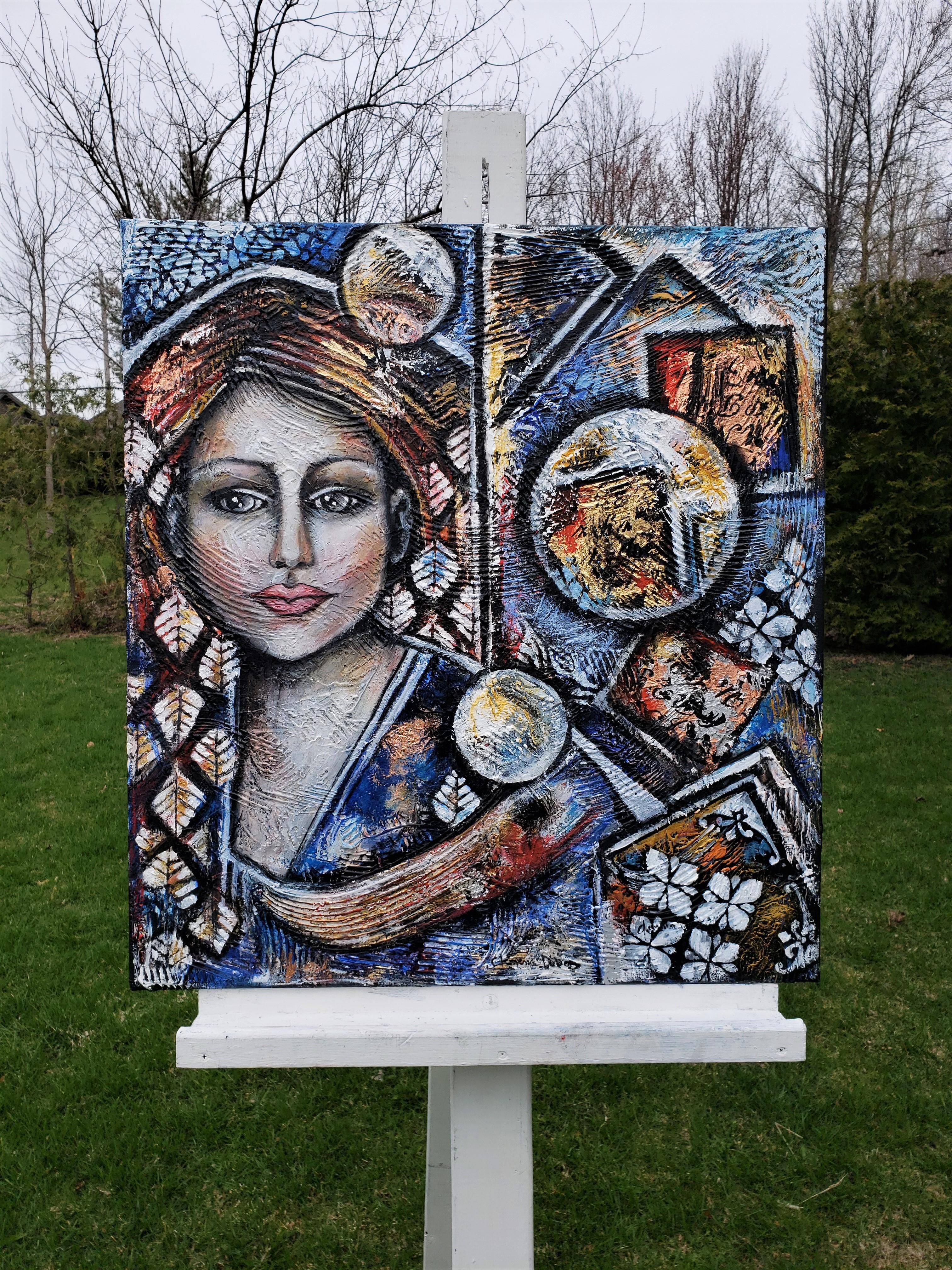 <p>Artist Comments<br />Through this painting, discover your own path, says Clemence. The questions are answered in the eyes of the character. To create the piece, Clemence textured the canvas and painted in acrylic with metallized foil inserts. The