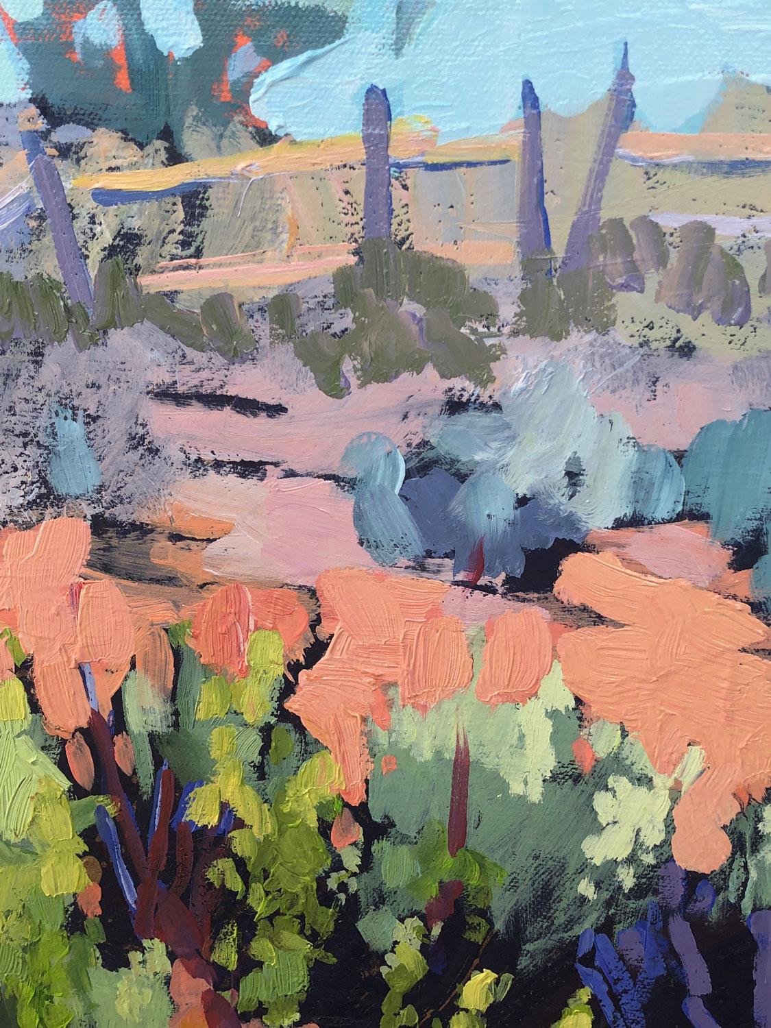 <p>Artist Comments<br />Tara took the reference photo of this sage filled desert landscape while living in New Mexico. To prepare the canvas, she used a warm peach color as her underpainting and layered swatches of a deep blue collage paper with
