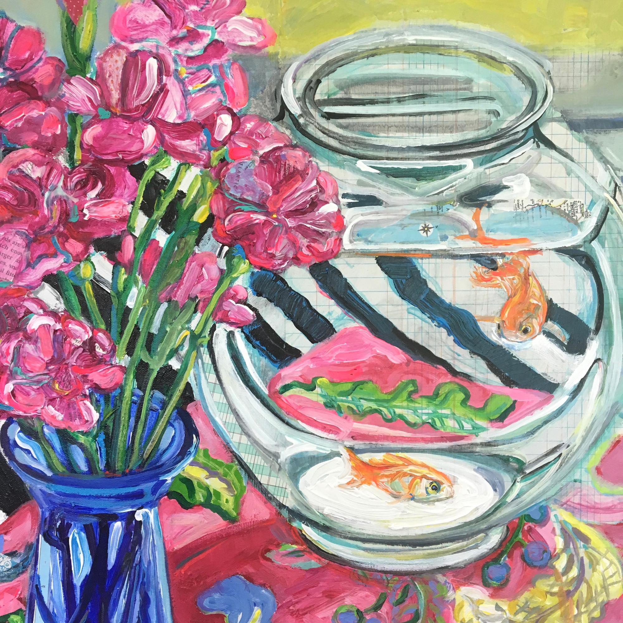 <p>Artist Comments<br>A bouquet of humble carnations seems to last forever. In contrast, goldfish can be short-lived, which artist Polly Jones experienced first hand. This still life is a vibrant musing on life and the time we are given to enjoy