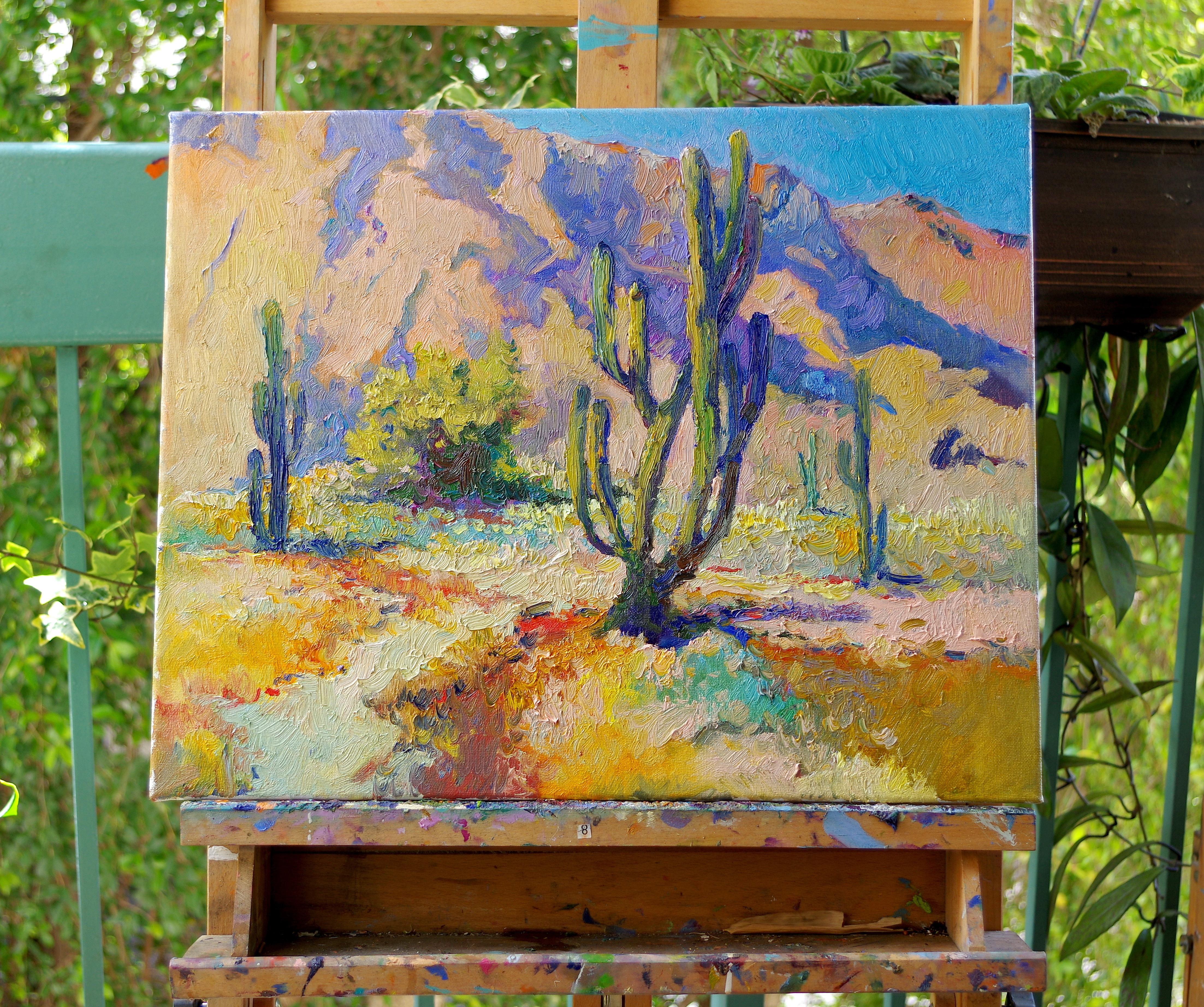 Landscape with Saguaro Cactus, Arizona Desert - Abstract Impressionist Art by Suren Nersisyan