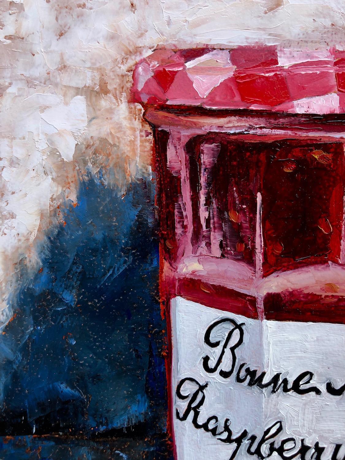 Bonne Maman Raspberry Preserves - Gray Still-Life Painting by Karen Barton