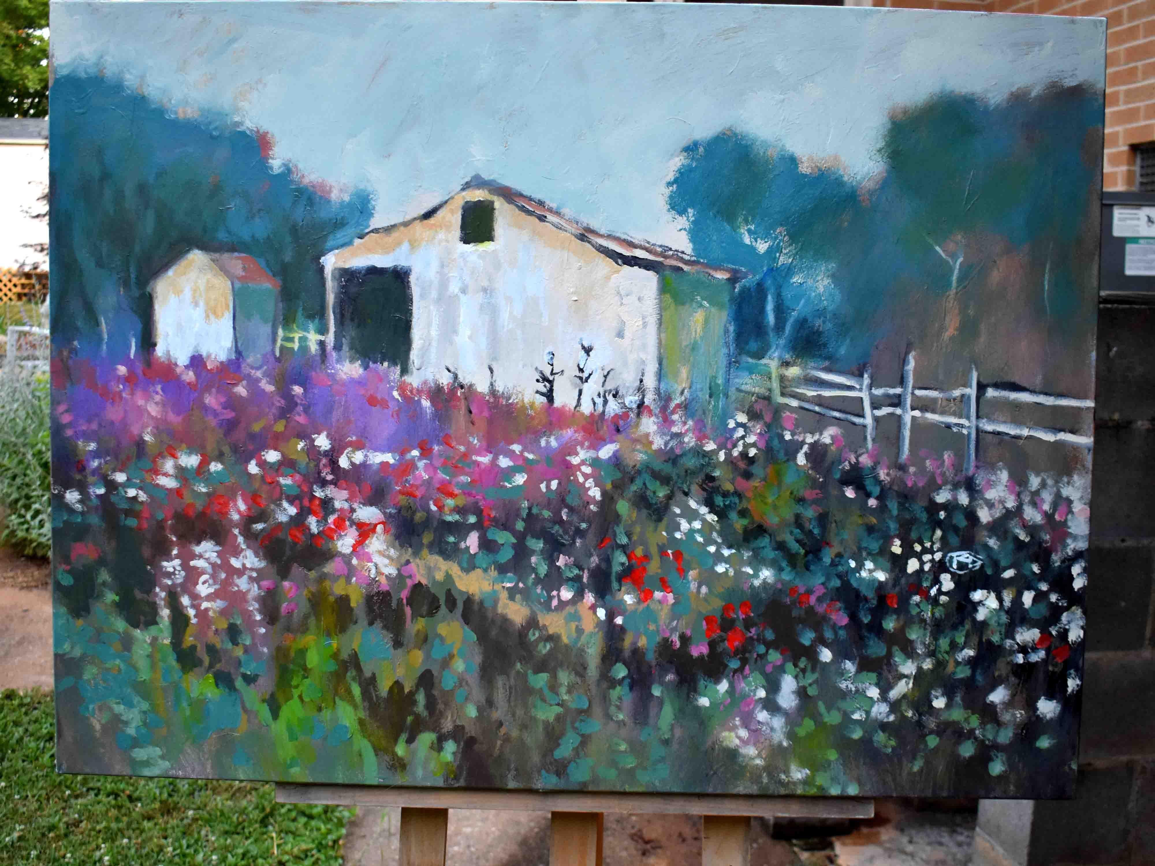 Flowers near White Barn - Abstract Impressionist Painting by Kip Decker