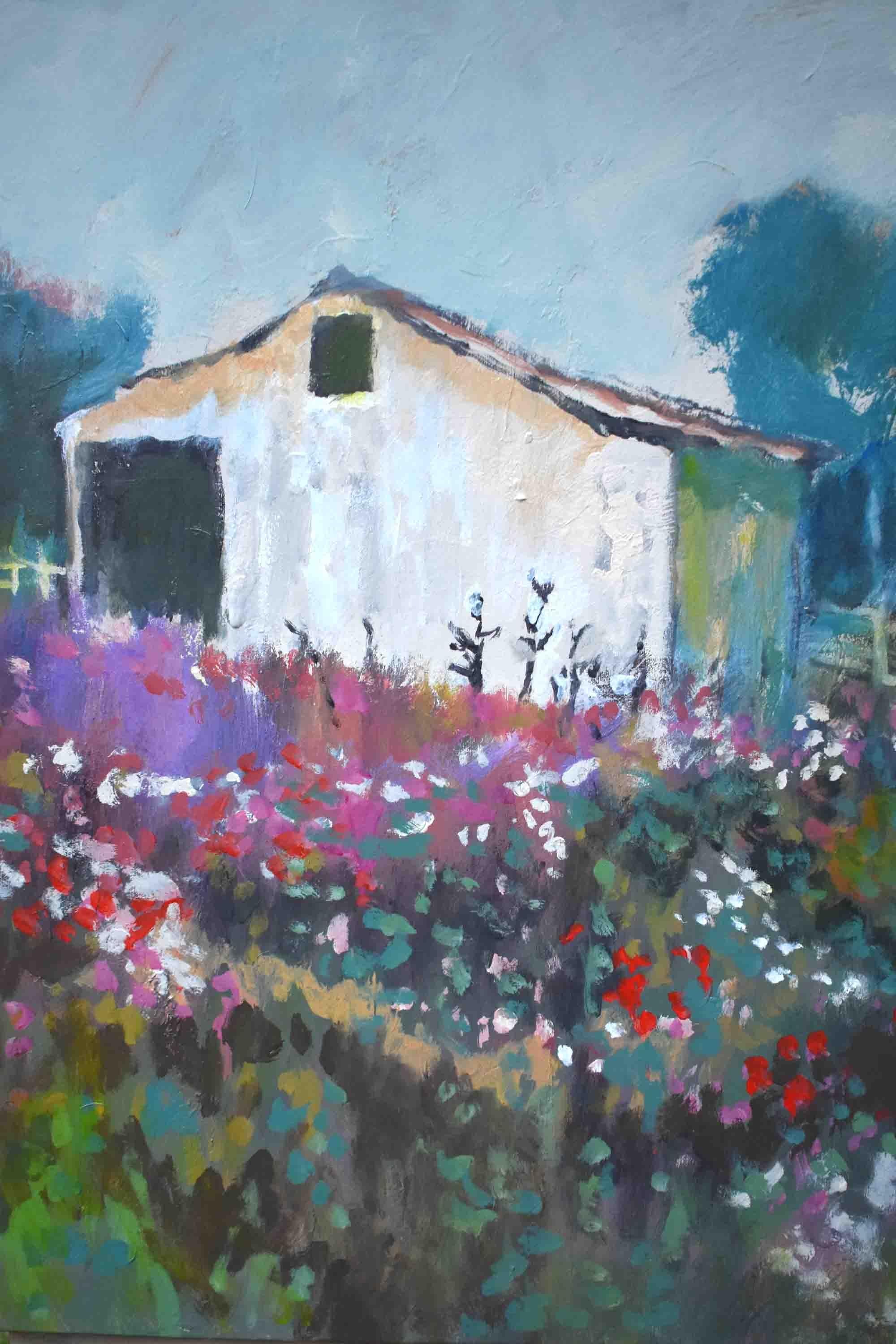 Flowers near White Barn - Black Landscape Painting by Kip Decker