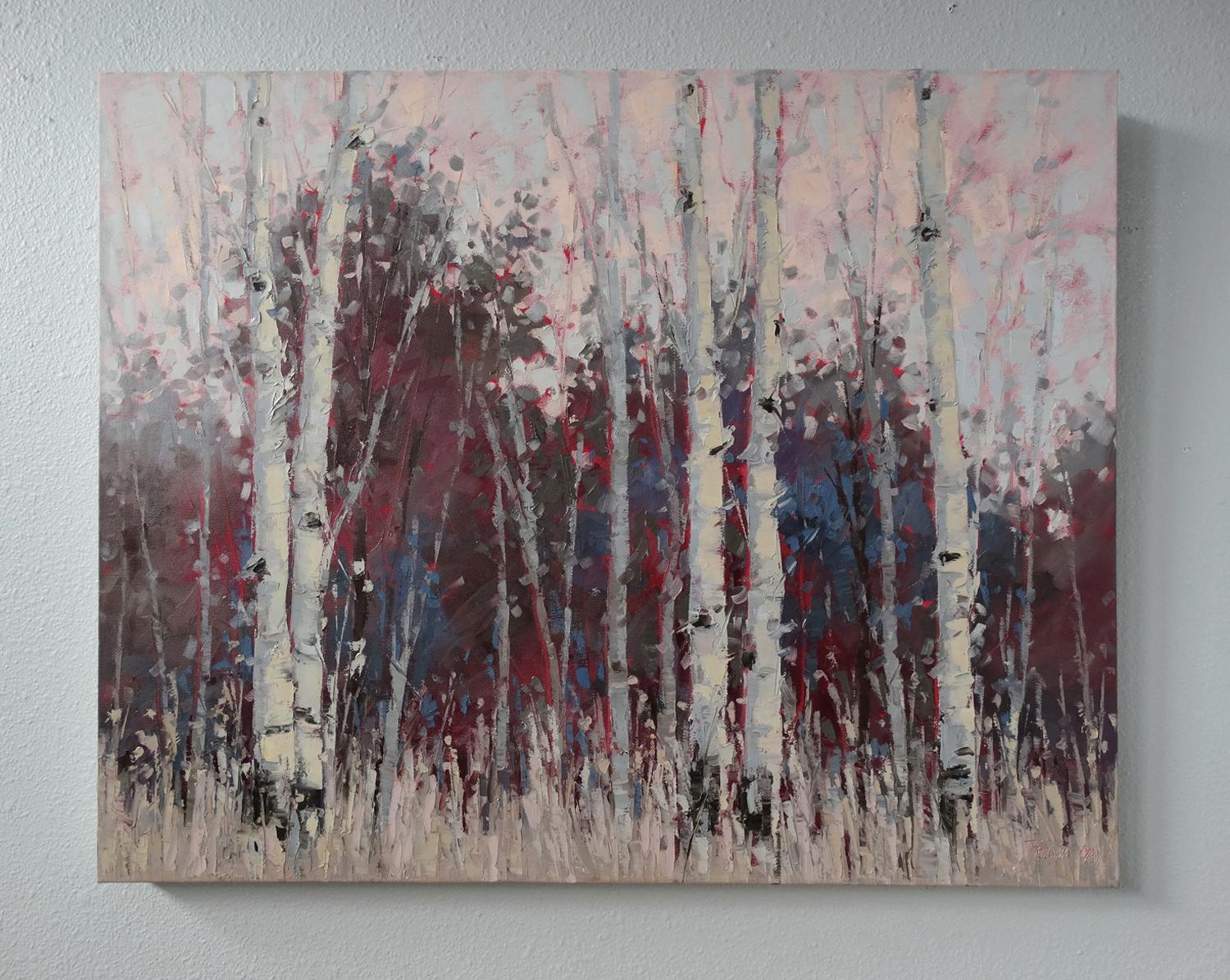 <p>Artist Comments<br />Evening Glow is part of Tricia May's signature Tree series. She toned her canvas with a warm red violet. After it dried, she used her palette knives to create the scene. I wanted a rich warm glow to this painting so it would