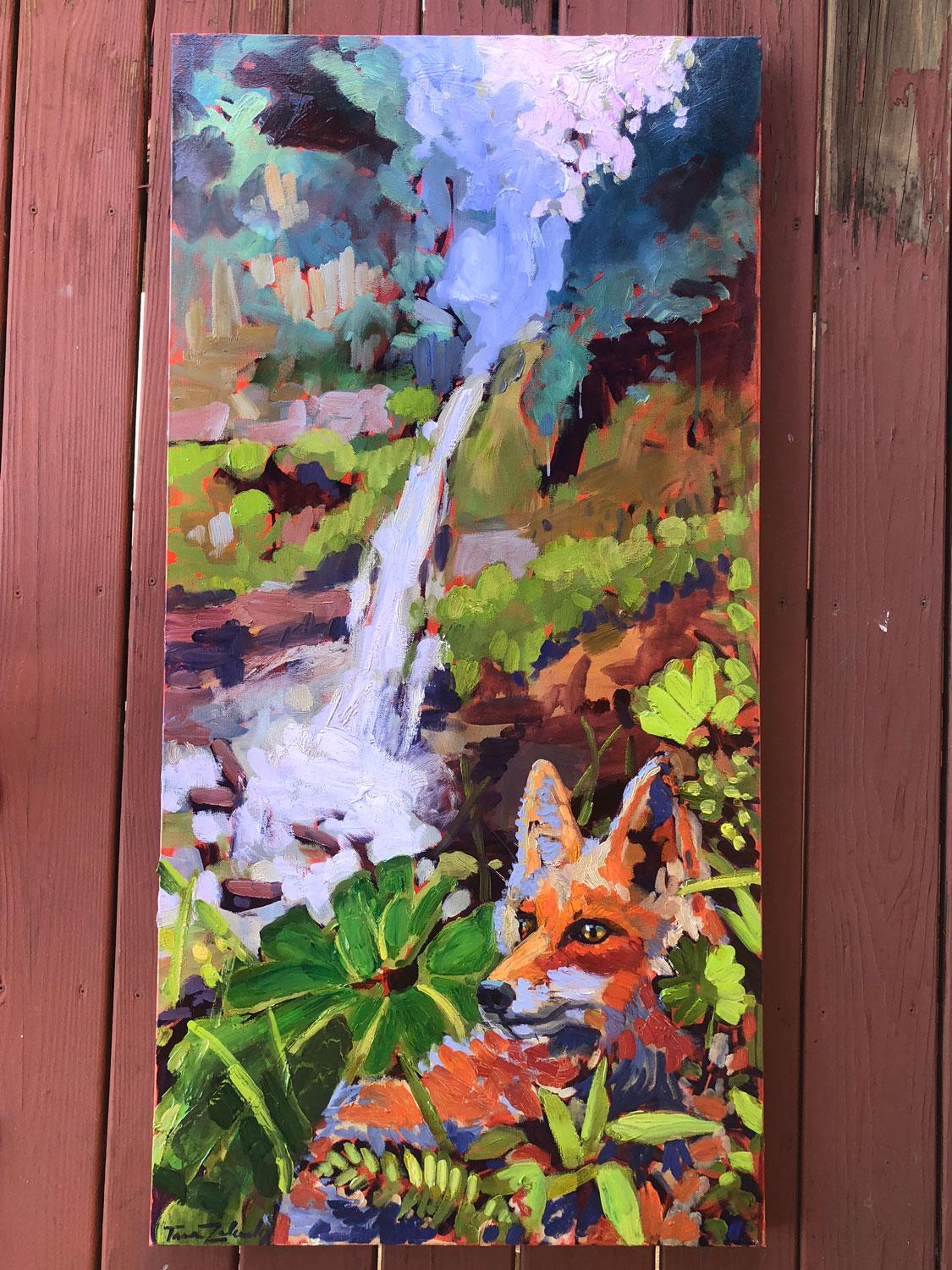 Tara Zalewsky-Nease Animal Painting - Costa Rica Falls with Fox, Oil Painting