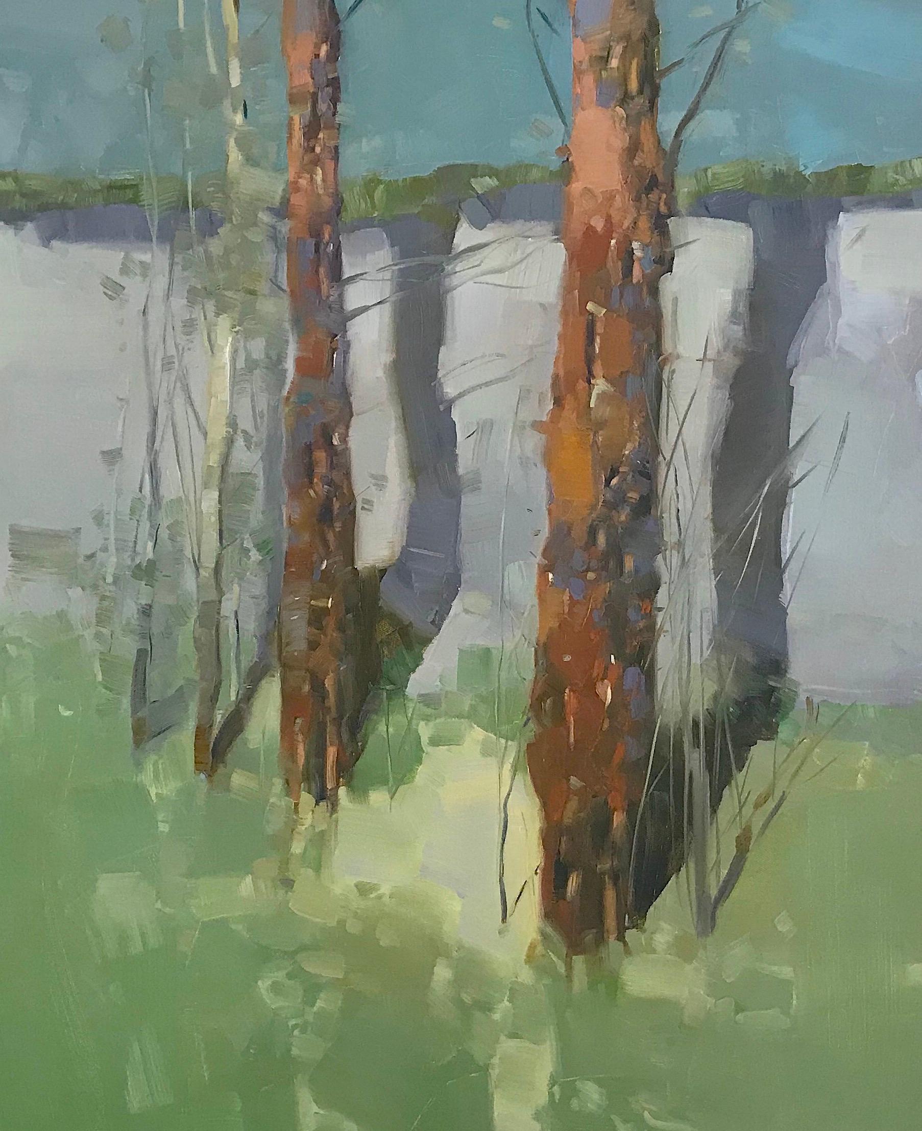 Viridianische Bäume, Ölgemälde (Grau), Landscape Painting, von Vahe Yeremyan