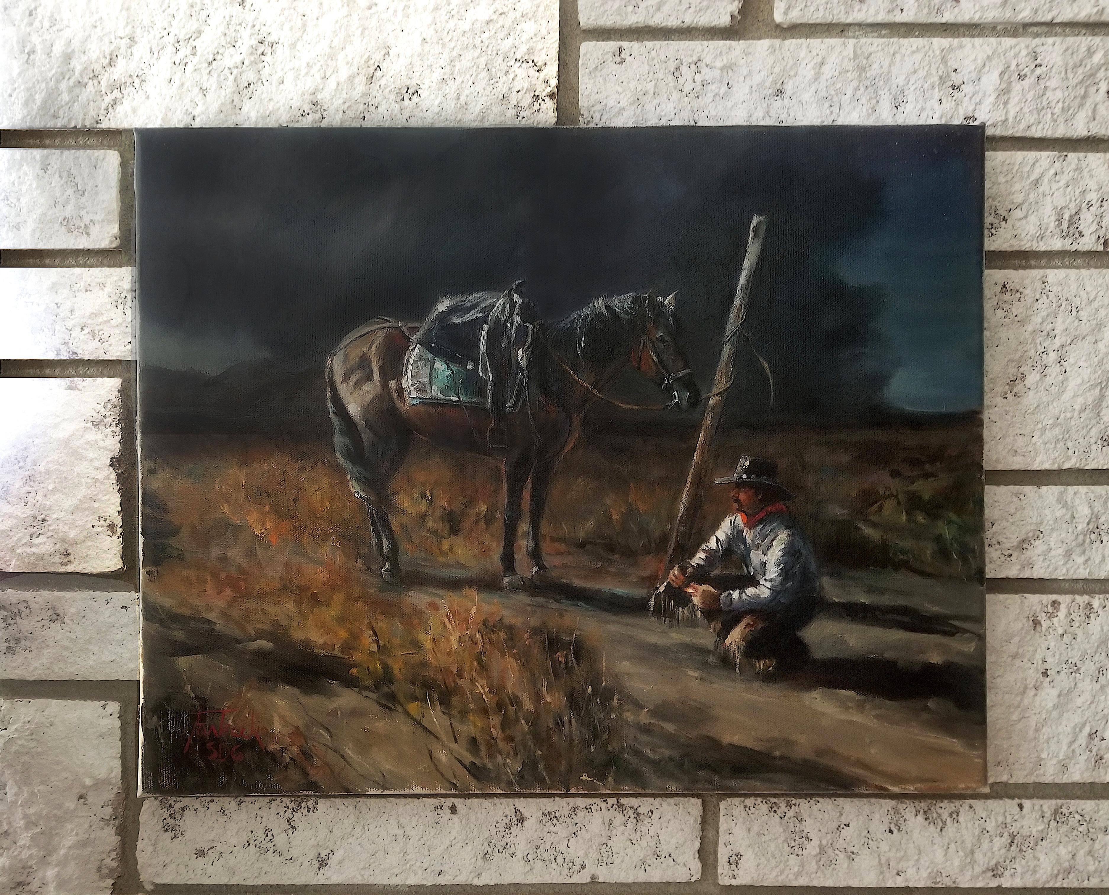 <p>Artist Comments<br />A storm brewing, the wind rising, and a cowboy rolling a cigarette as he rests on his journey. 