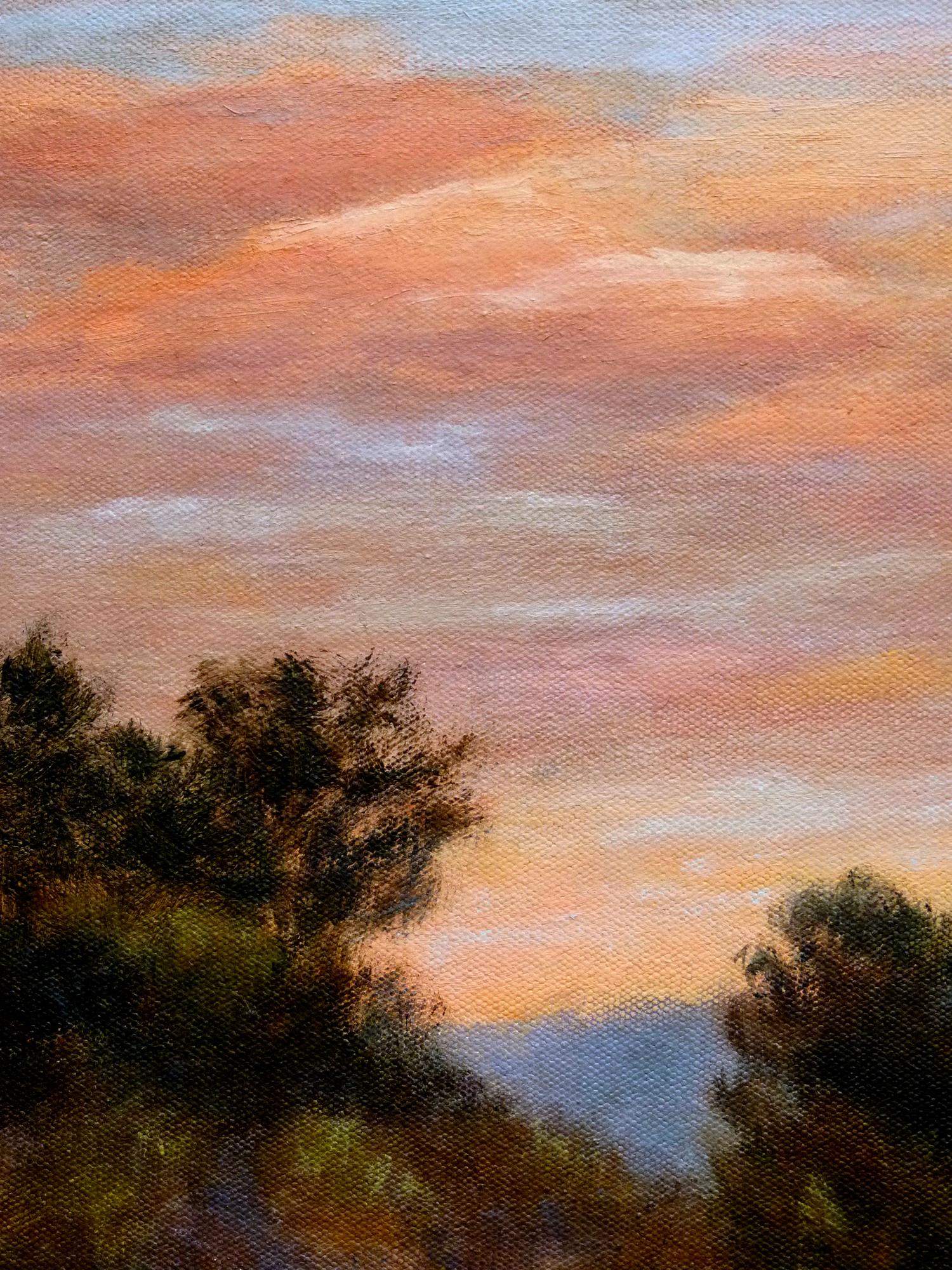 <p>Artist Comments<br>Rich tones of olive and umber set a quiet stage for a coral cloudscape. Hazy brushwork intimate the last moments of dusk. The distant hill at center right provides a contrasting pop of blue. The edges of the piece are painted