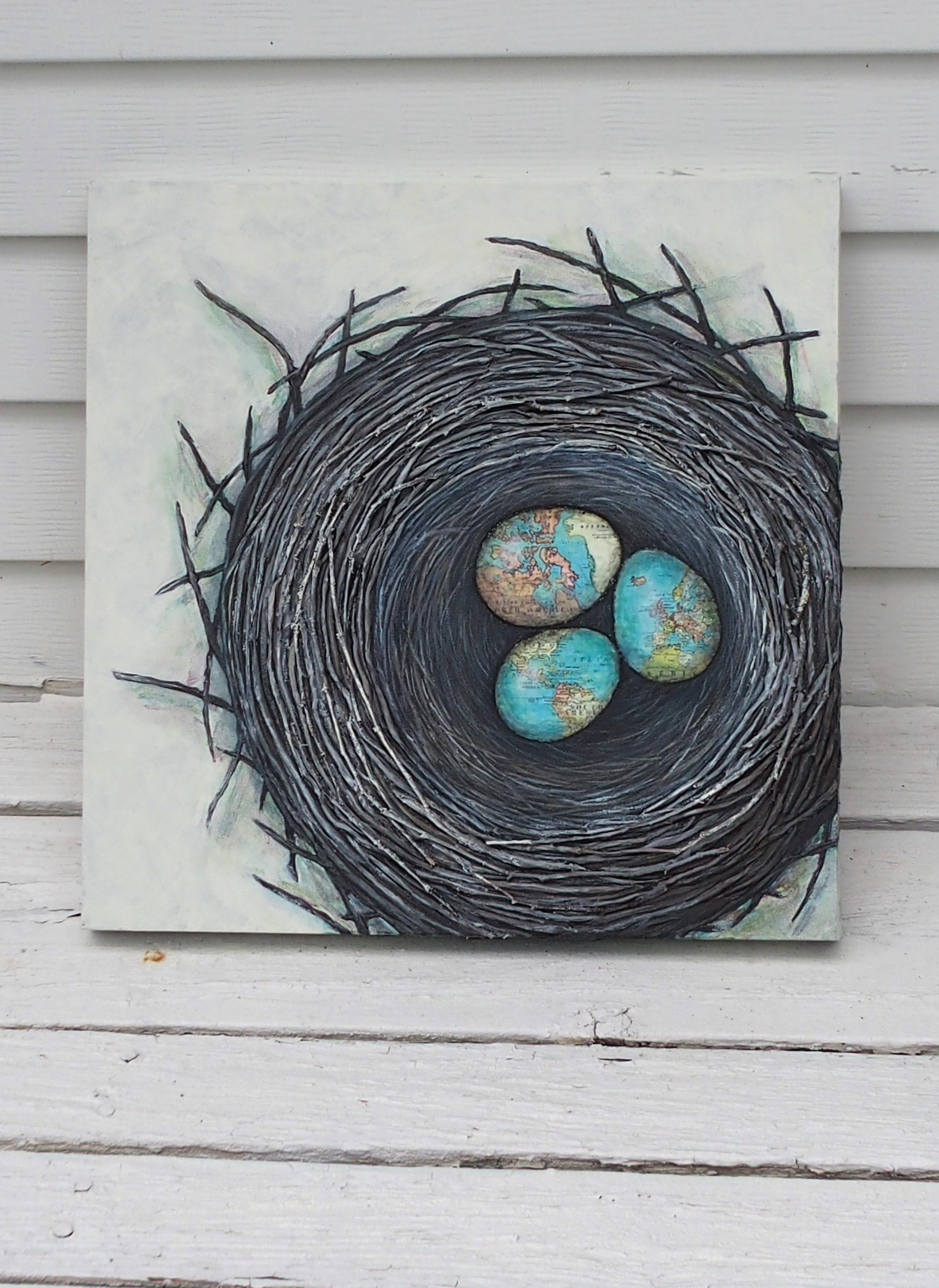 <p>Artist Comments<br />To create the depth of the nest, Jennifer collaged real twigs with textural acrylic medium. The three eggs were cut out from a paper map and then shaded to appear dimensional.</p><br /><p>About the Artist<br />Jennifer Ross