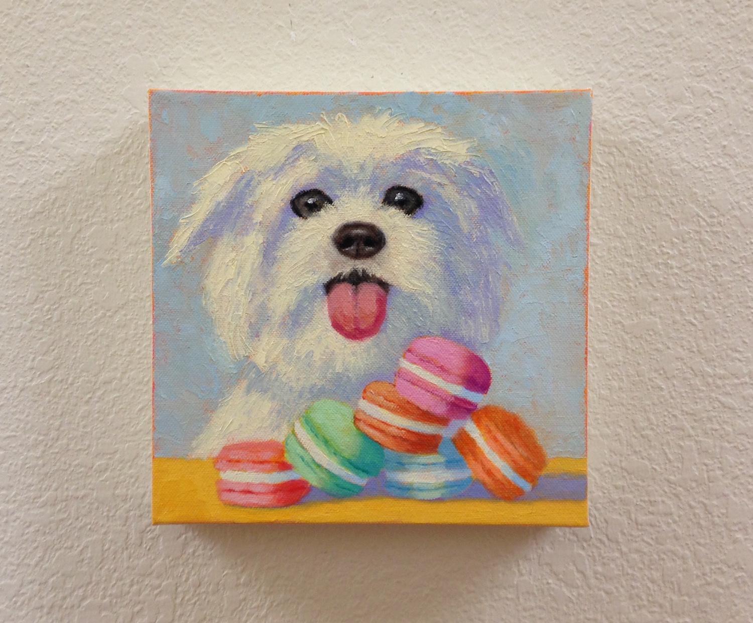 <p>Artist Comments<br />A fluffy white dog stares intently from behind a stack of colorful macarons. Her lively gaze seems to be of more interest in the viewer than the treats in front of her. Part of Pat Doherty's new series pairing dogs with