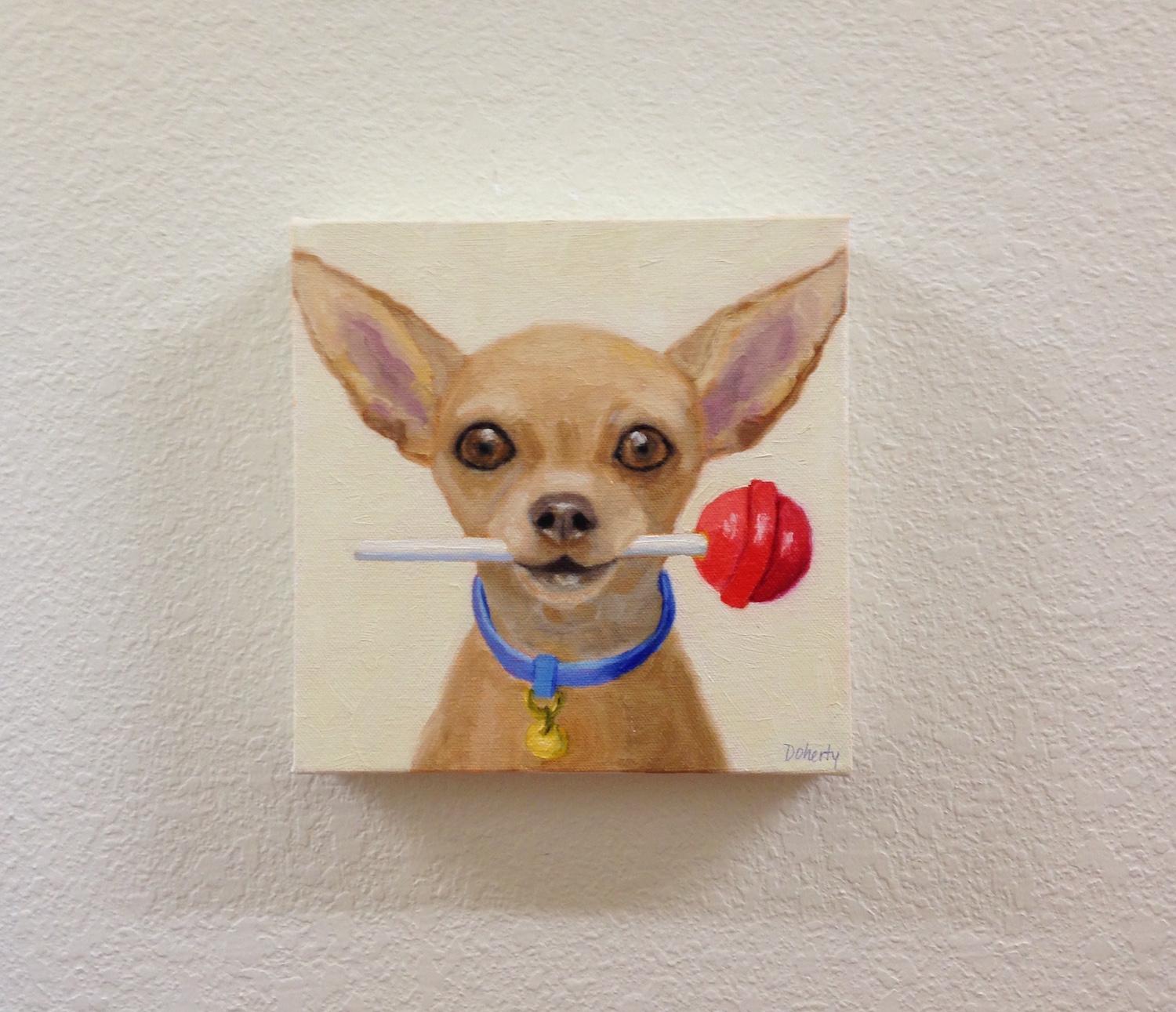 <p>Artist Comments<br>A chihuahua proudly carries a tootsie roll pop. Her direct gaze may indicate the treat as a gift for her owner, or as permission to enjoy the treat. Part of Pat Doherty's new series pairing dogs with tempting treats. These