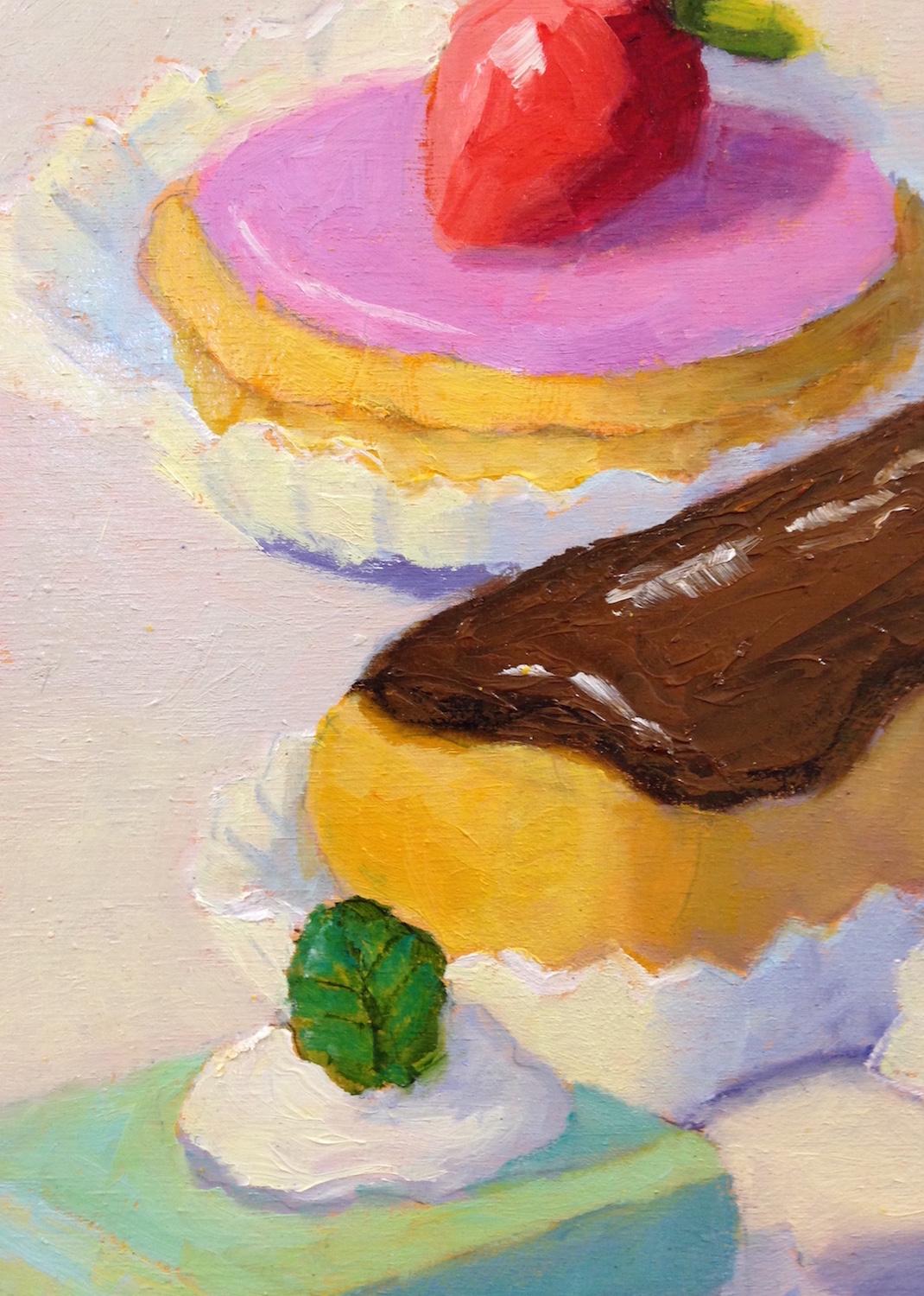 <p>Artist Comments<br />Colorful tarts, cakes and eclairs arranged as an homage to Wayne Thiebaud. Pat Doherty's delectable oil paintings draw on her experience as a former commercial art director and designer. She seeks out her subjects at farmers