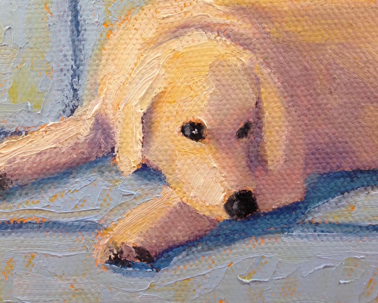 <p>Artist Comments<br />A yellow lab taking a midday nap on the couch. Abstract artwork above the sofa balances the composition. Graphic, simplified forms create a welcoming atmosphere. Pat Doherty's latest series depicts living room scenes with a