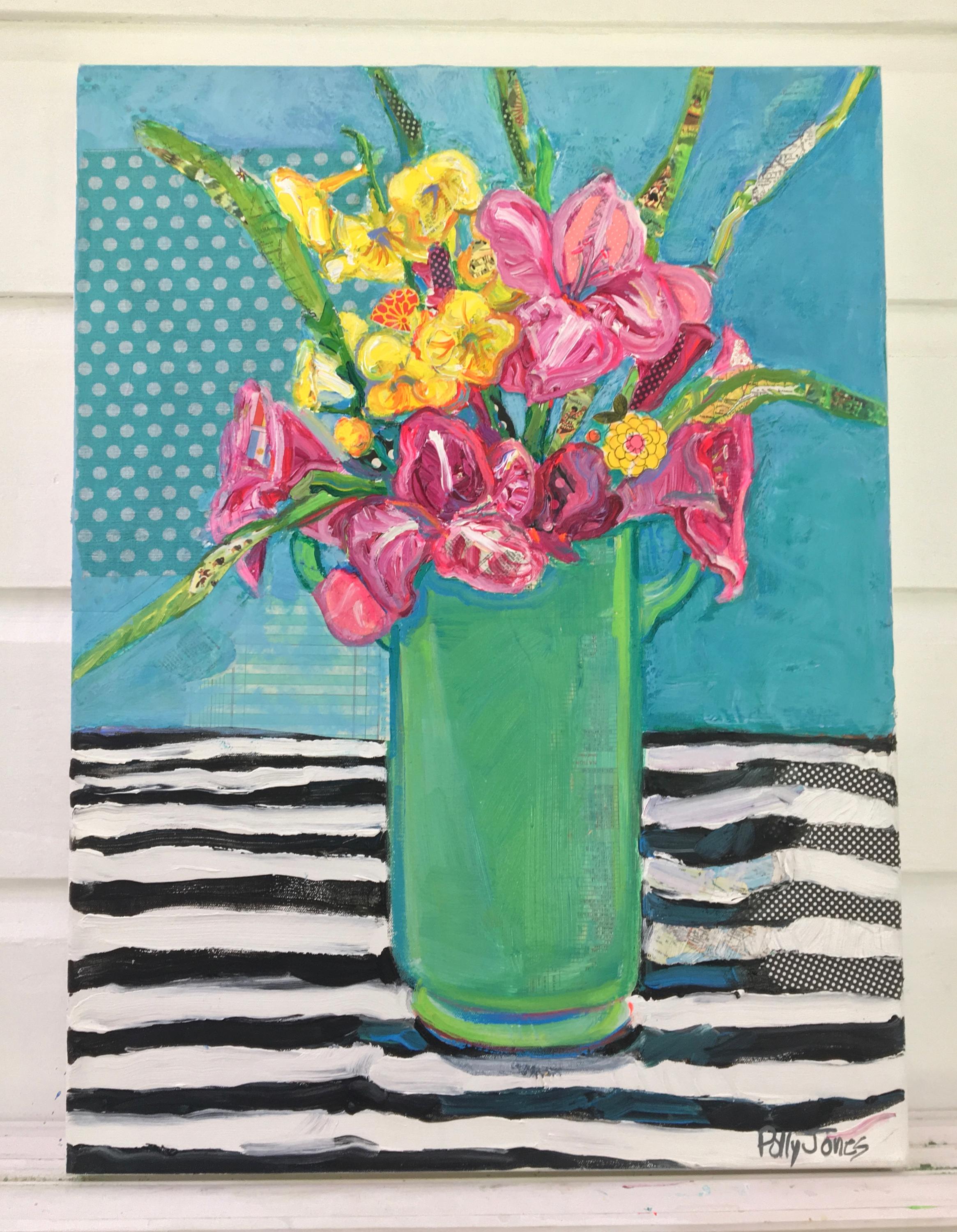 <p>Artist Comments<br />A vibrant bouquet of summer gladiolas from Polly Jones's garden. Layers of book pages, lists and maps appear in the outline of the flowers and vase. Color and line work offer a subtle nod to Matisse. For Polly's signature