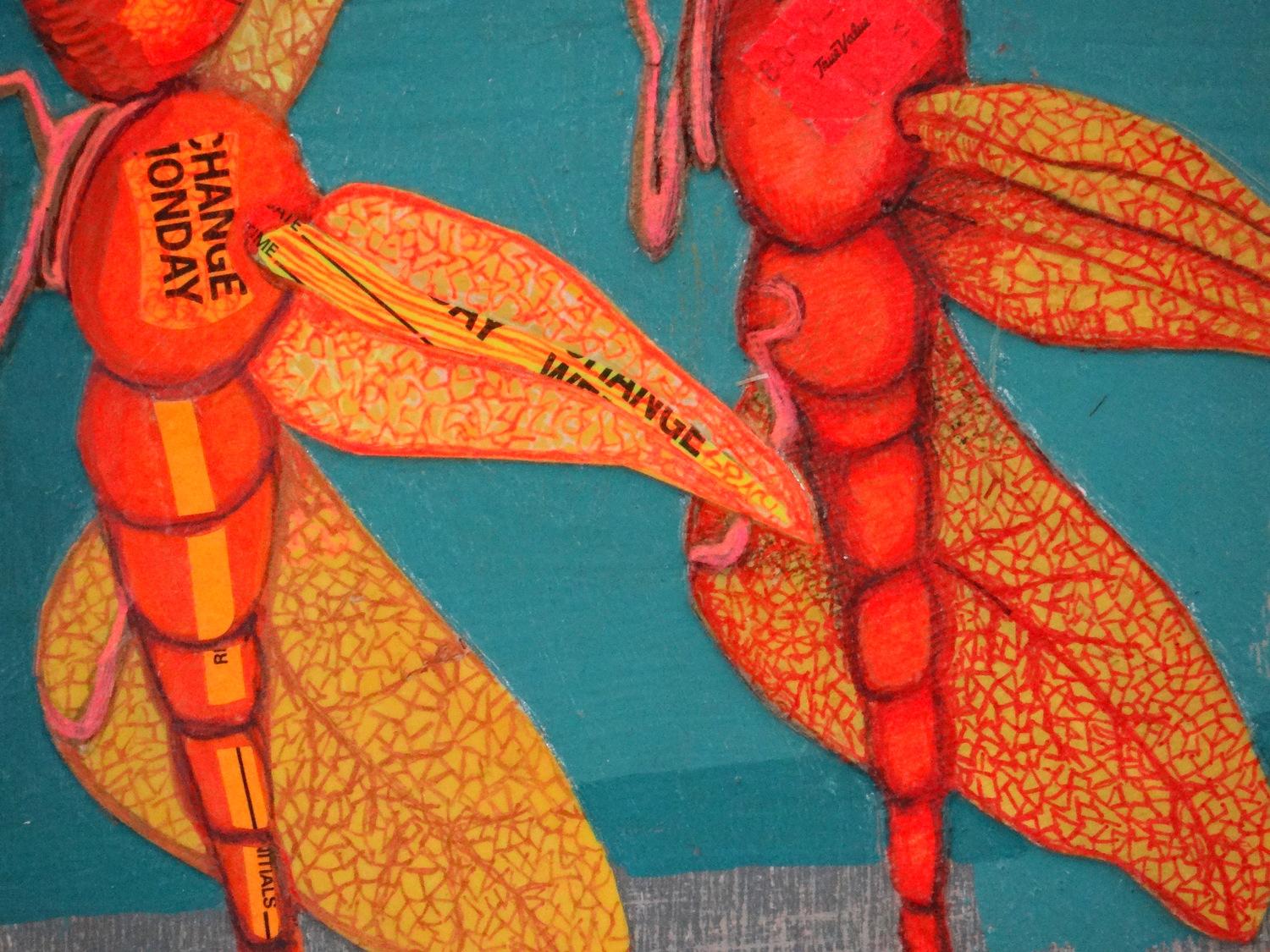 <p>Artist Comments<br />A surreal stage where two orange dragonflies prepare for a dance performance. Ruth Santee describes making art like putting a puzzle together, but without all of the puzzle pieces in front of her when she begins the process.