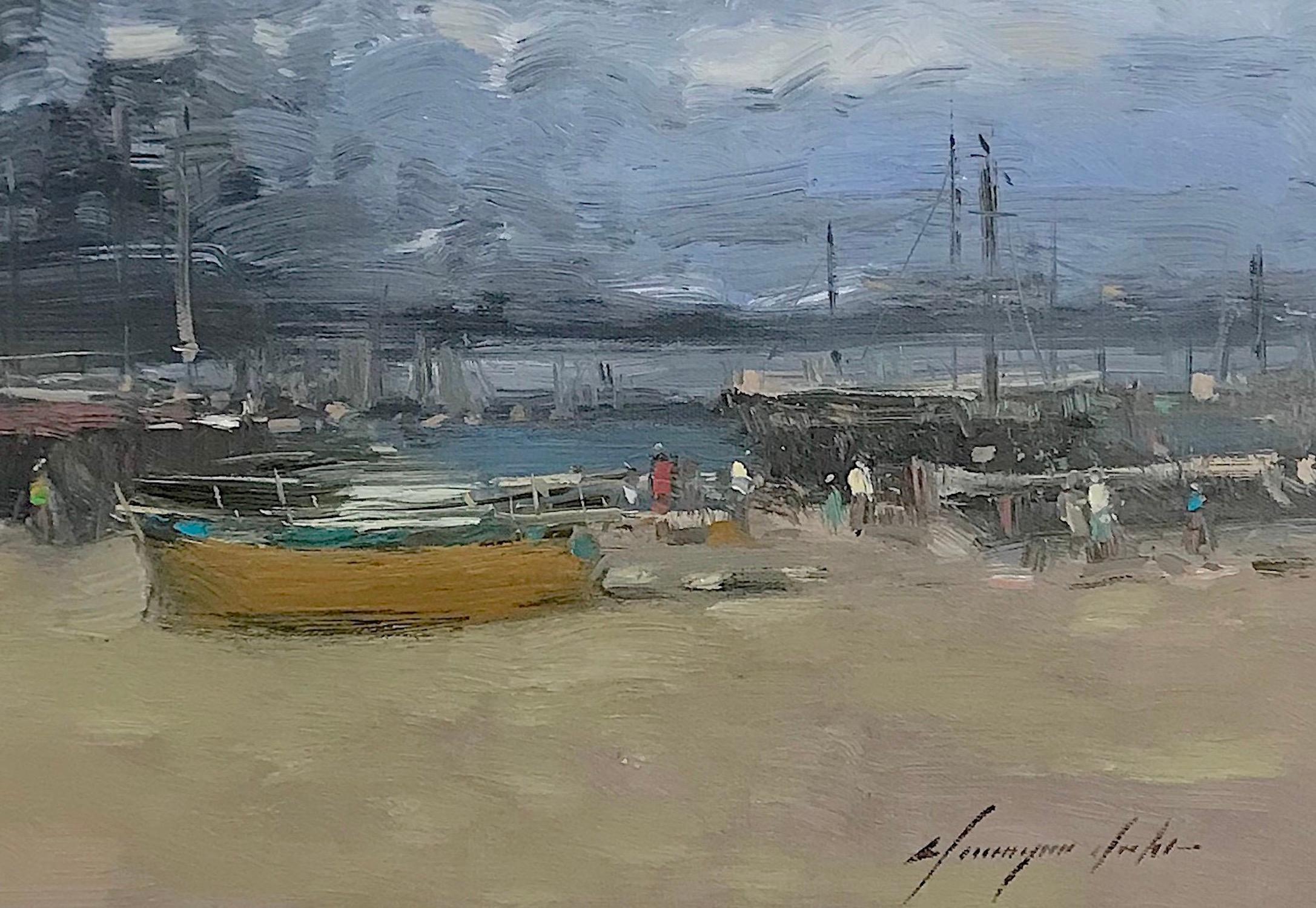 Old Harbor, Oil Painting - Abstract Impressionist Art by Vahe Yeremyan